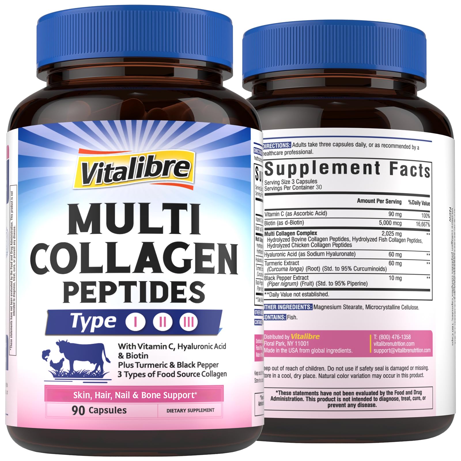 Vitalibre Multi Collagen Peptides, Hydrolyzed, Type I, II, III, Vitamin C, Biotin, Hyaluronic Acid, Turmeric & Black Pepper, Skin, Hair, Nail & Mobility Support, Non-GMO, 90 Caps 90 Count (Pack of 1)