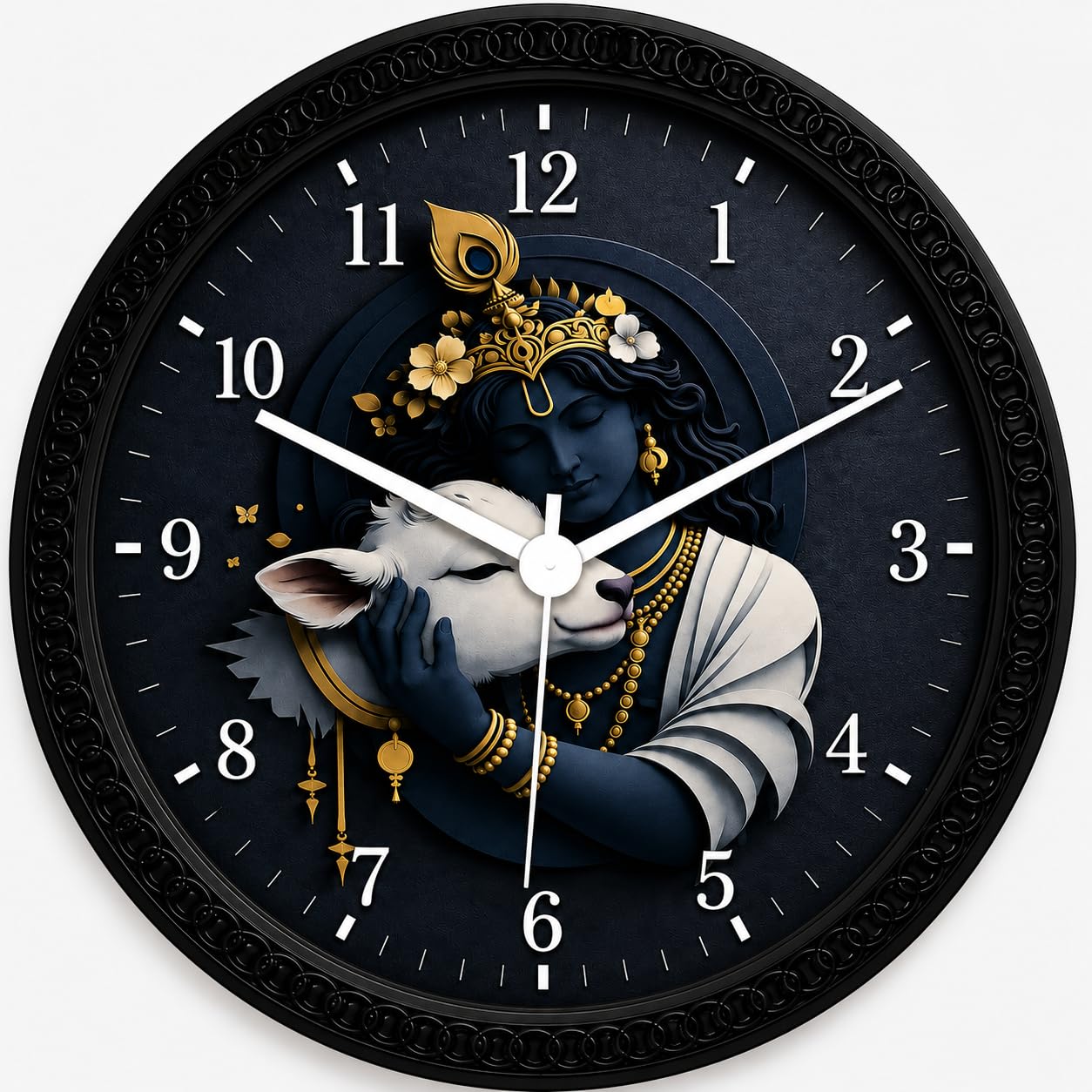 Lord Krishna with Cow Wall Clock 10 Inch Silent Non-Ticking Quartz Clock | HD Printed Decorative Krishna Wall Clock for Home, Temple, Living Room & Office | Premium Black Frame Analog Clock_KC_11-image-34