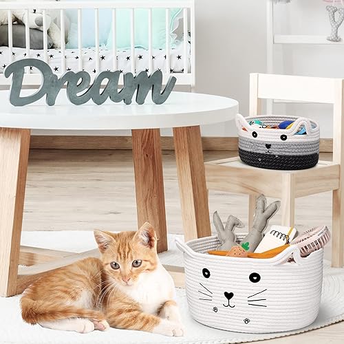 Miniatura 3 de Cesta de almacenamiento tejida para gatos, organizador con orejas decorativas para juguetes para mascotas, bonita canasta de cuerda de algodón para