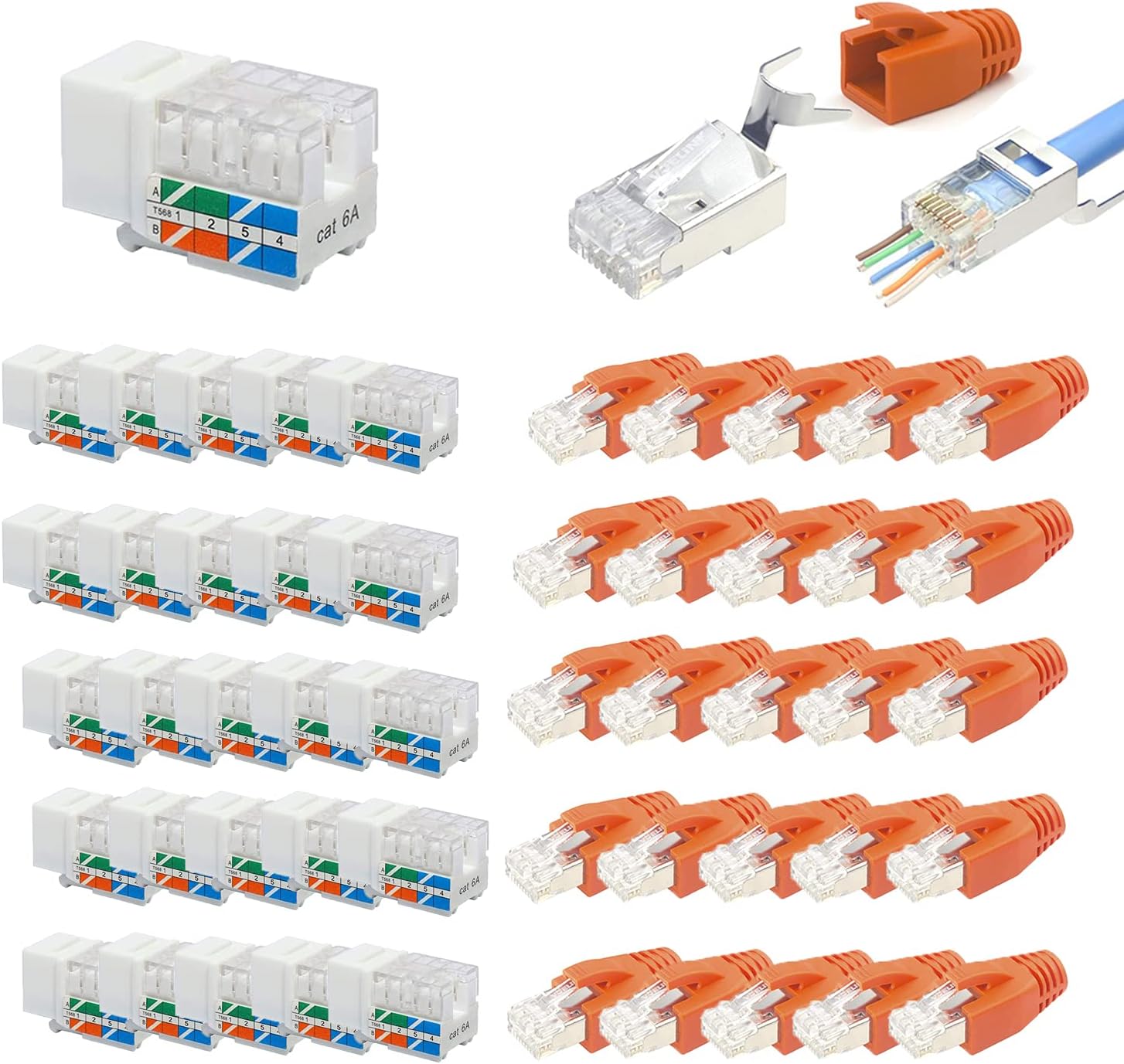 VCE 25-Pack UL Listed RJ45 Cat6A Keystone Jack Bundle with 30-Pack Shielded Cat7/Cat6a RJ45 Pass Through connectors