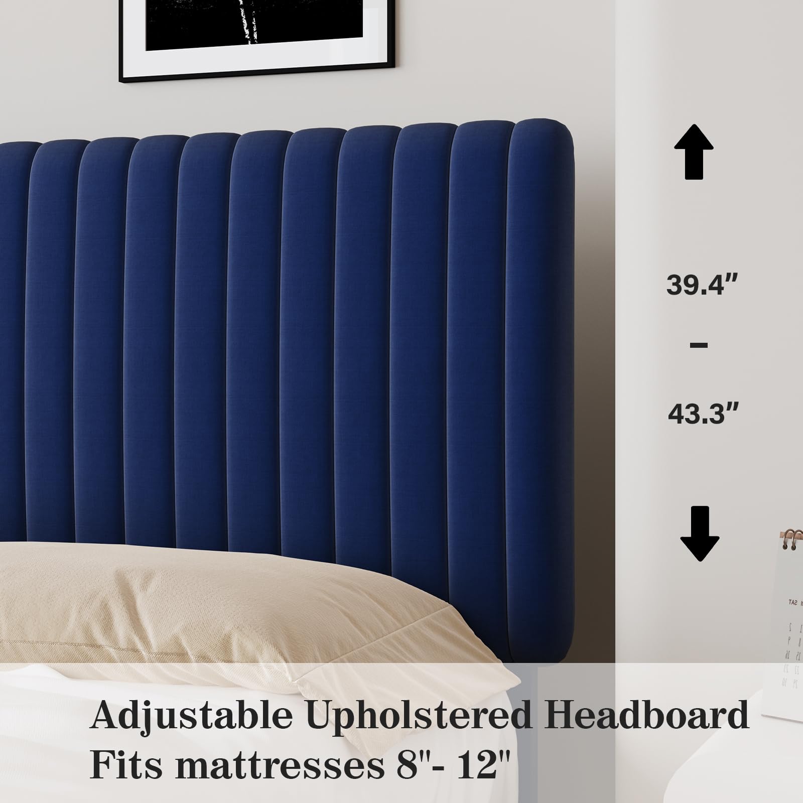 King Size Bed Frame and Headboard, Velvet Upholstered Platform Bed with Vertical Channel Tufted Headboard and Footboard, No Box Spring Required, Easy Assembly, Blue: Twin Blue