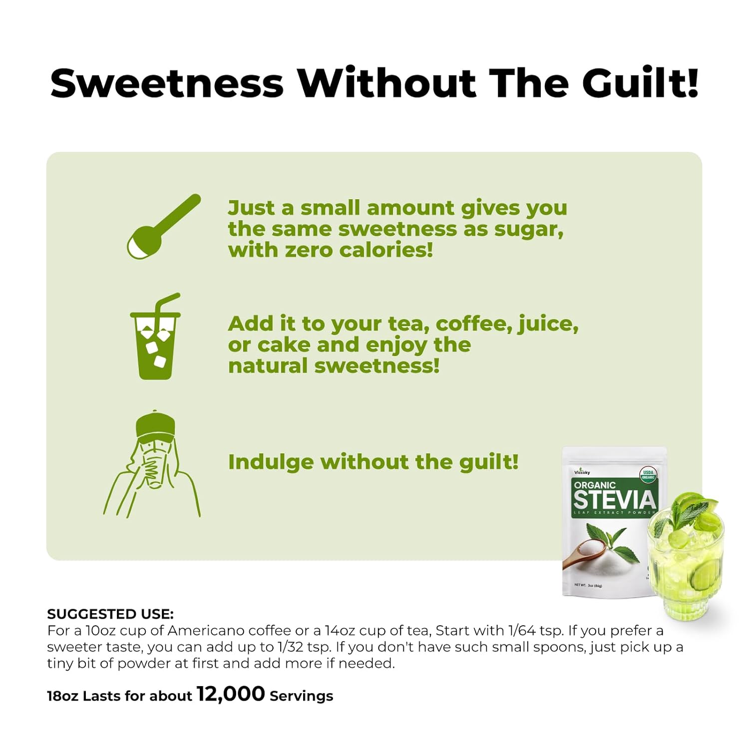Viccoky Organic Stevia Powder, Pure Stevia Extract, Sugar-Free & 0 Calories, No Additives, Sugar Substitute, Natural Sweetener, 18oz (511g)