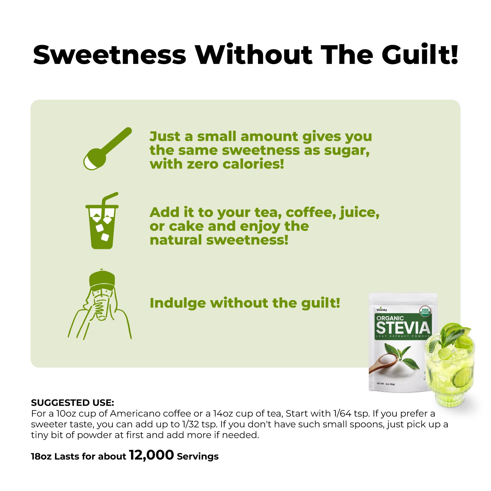Viccoky Organic Stevia Powder, Stevia Extract, Sugar-Free & 0 Calories, Sugar Substitute, Natural Sweetener, 18oz (511g) — Amazon image 3