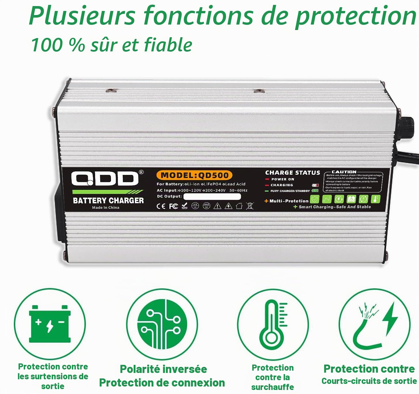 QDD Chargeur de batterie 84 V 5 A sûr et efficace, adapté pour les batteries au lithium 20S 72 V, avec ventilateur de refroidissement (GX16 1 + 3 connecteurs)