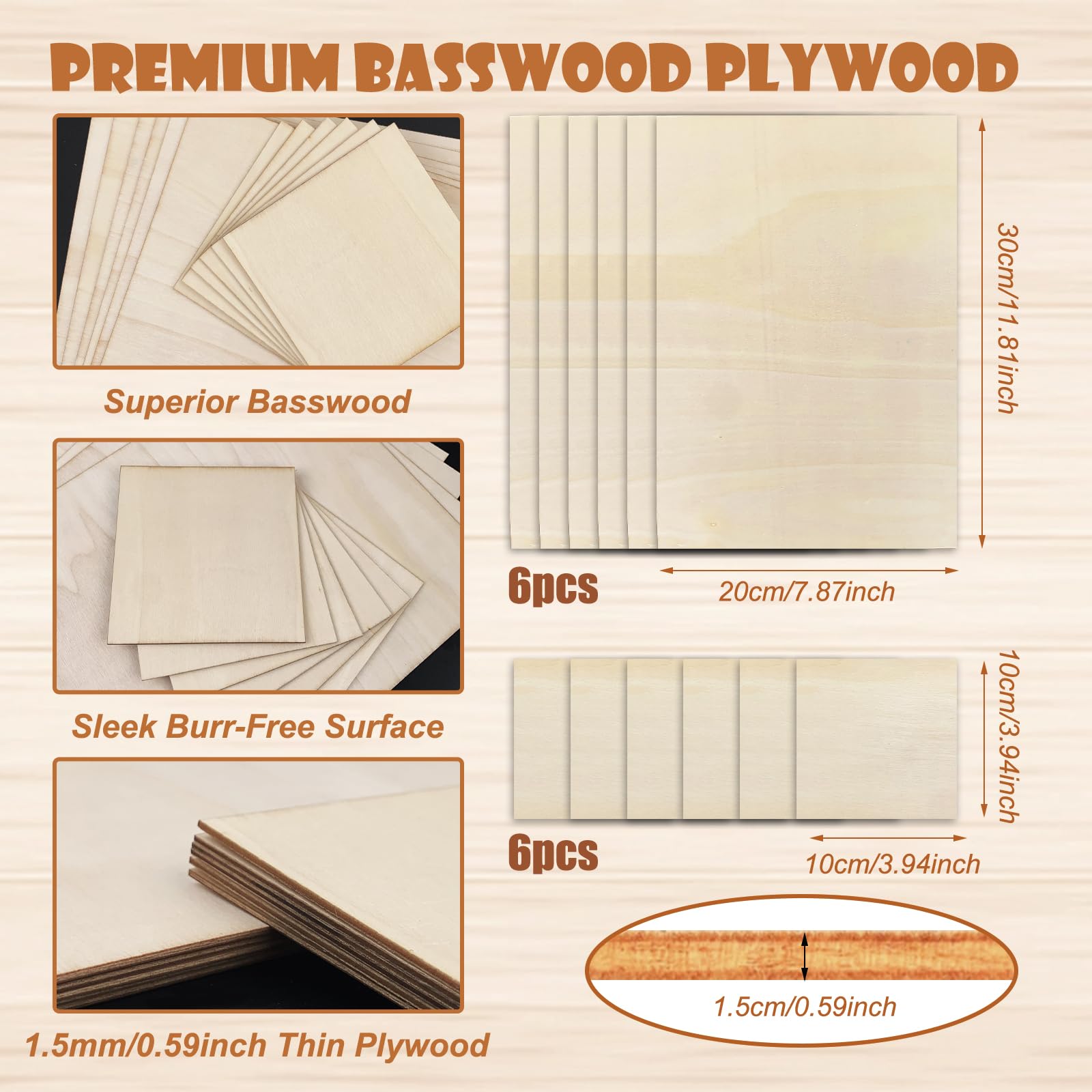 12 Pezzi Pannelli Compensato Tiglio Non Finiti - 300x200mm E 100x100mm Per Fai Da Te - Foto 8