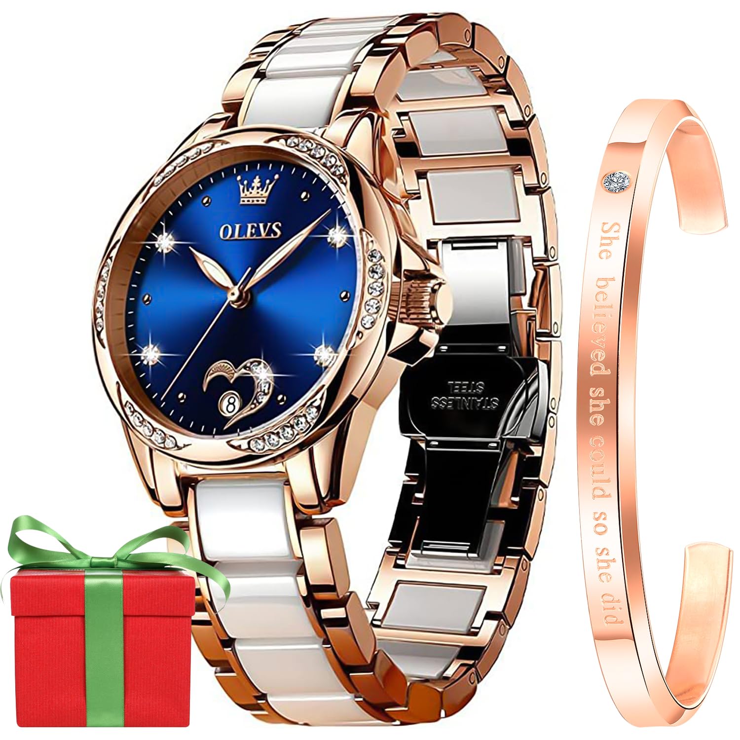 OLEVS Watch for Women Automatic Self Winding Mechanical Ladies Wrist Watch Big face Two Tone Stainless Steel Ceramic Bracelet Heart Diamond Fashion Luxury Ceramic Band Luminous Waterproof