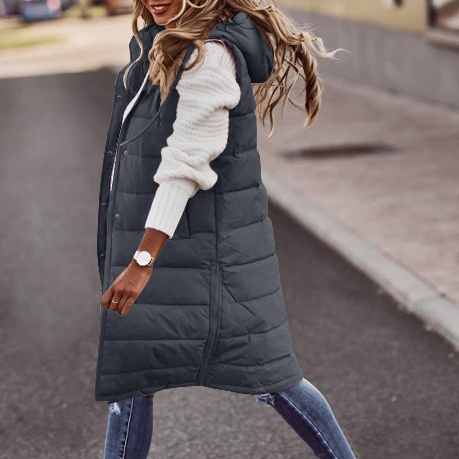 Damen Weste Lang mit Kapuze, Steppweste Winter Herbst Warme Steppmantel Daunenweste Langer Winterjacke Freizeit Ärmellos Weste Outdoor Longweste Winterweste Reißverschlüsse Longweste mit Taschen