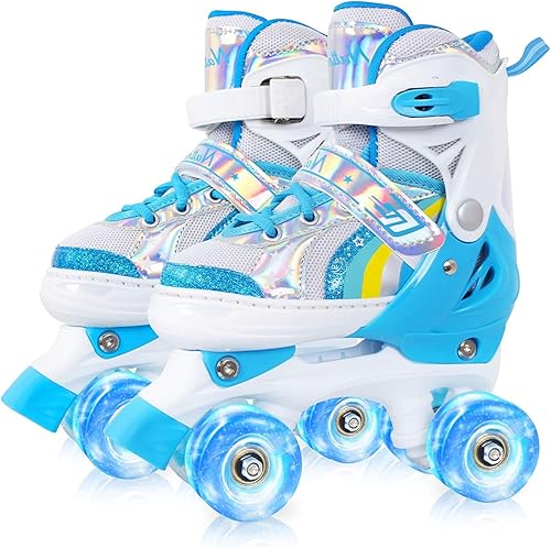 Nattork Girls Roller Skates for Kids Toddler, 4 Sizes Adjustable Rainbow Quad Skates with Light up Wheels,Best Gift for Kids Beginners