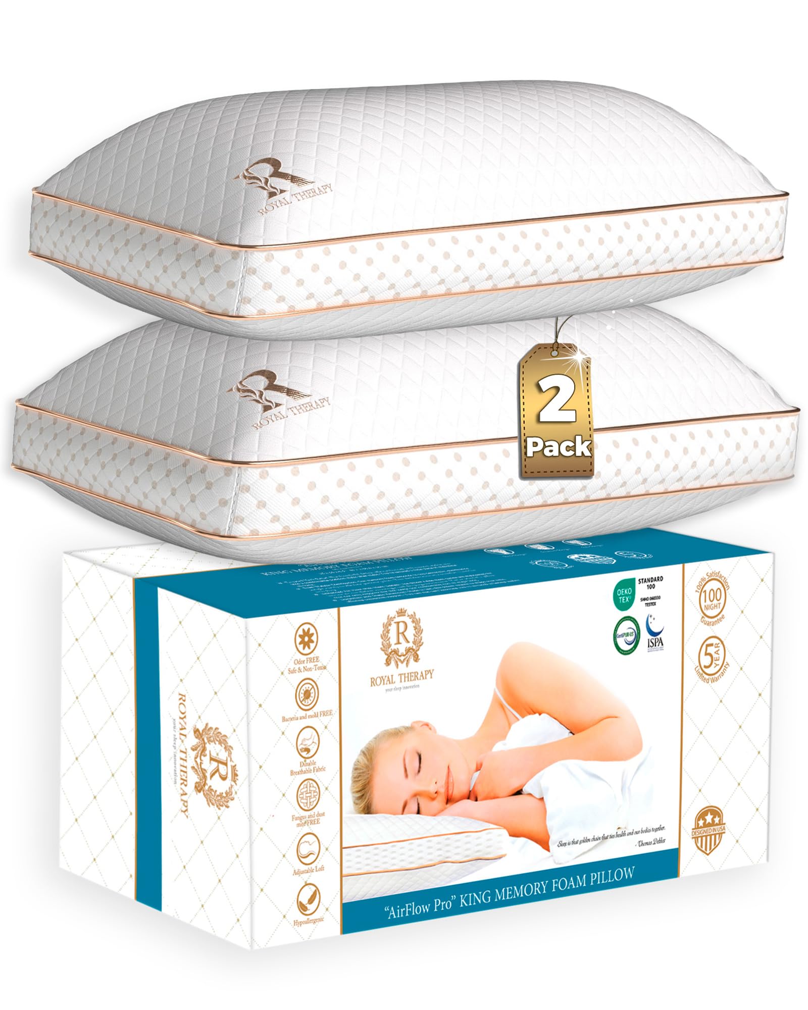 Royal Therapy 2-Pack King Memory Foam Pillow, Adjustable Shredded Odor-Free Bed Pillow for Neck &amp; Shoulder Pain Relief, Breathable Support for Back, Stomach, Side Sleepers, AirFlowPRO