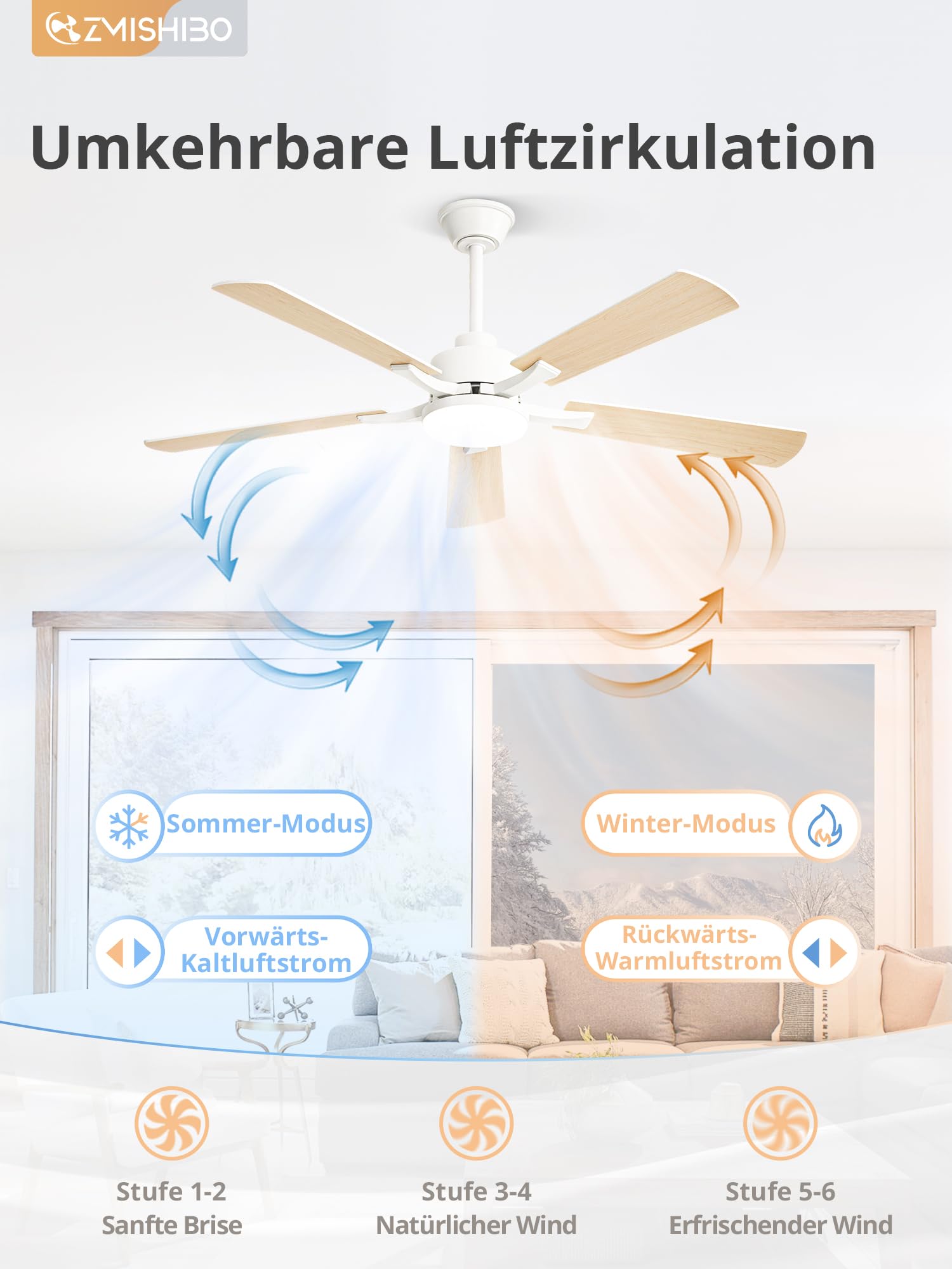 ZMISHIBO Deckenventilator mit Beleuchtung, 132cm Leiser Ventilator mit App- & Fernbedienung, leiser & umkehrbarem DC-Motor, Deckenleuchte mit Ventilator für Schlafzimmer & Wohnzimmer