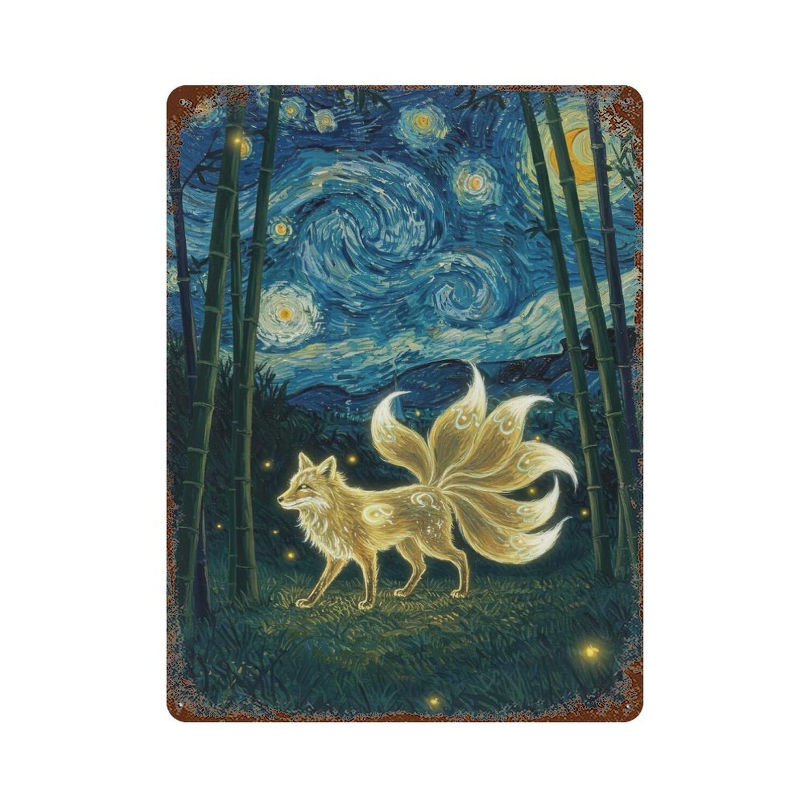 Nine-tailed Fox in Starry Night Rusty Metal Tin Sign 15.7"x11.8", for Living Room, Hallway And Home Decor, Old School Wall Decor