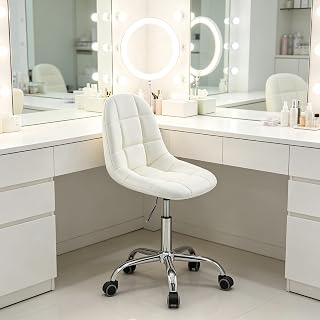 VECELO Armless PU Leather Vanity & Desk Chair, Mid-Back Height‑Adjustable Swivel Chair with Wheels, 330 Lbs Capacity, White