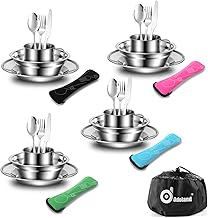 Odoland Campingbesteck Set Outdoor Reisebesteck aus Edelstahl Klappbesteck mit Teller Tasse ideal Geschenk für Outdoor Kochgeschirr Reisen Wandern Camping