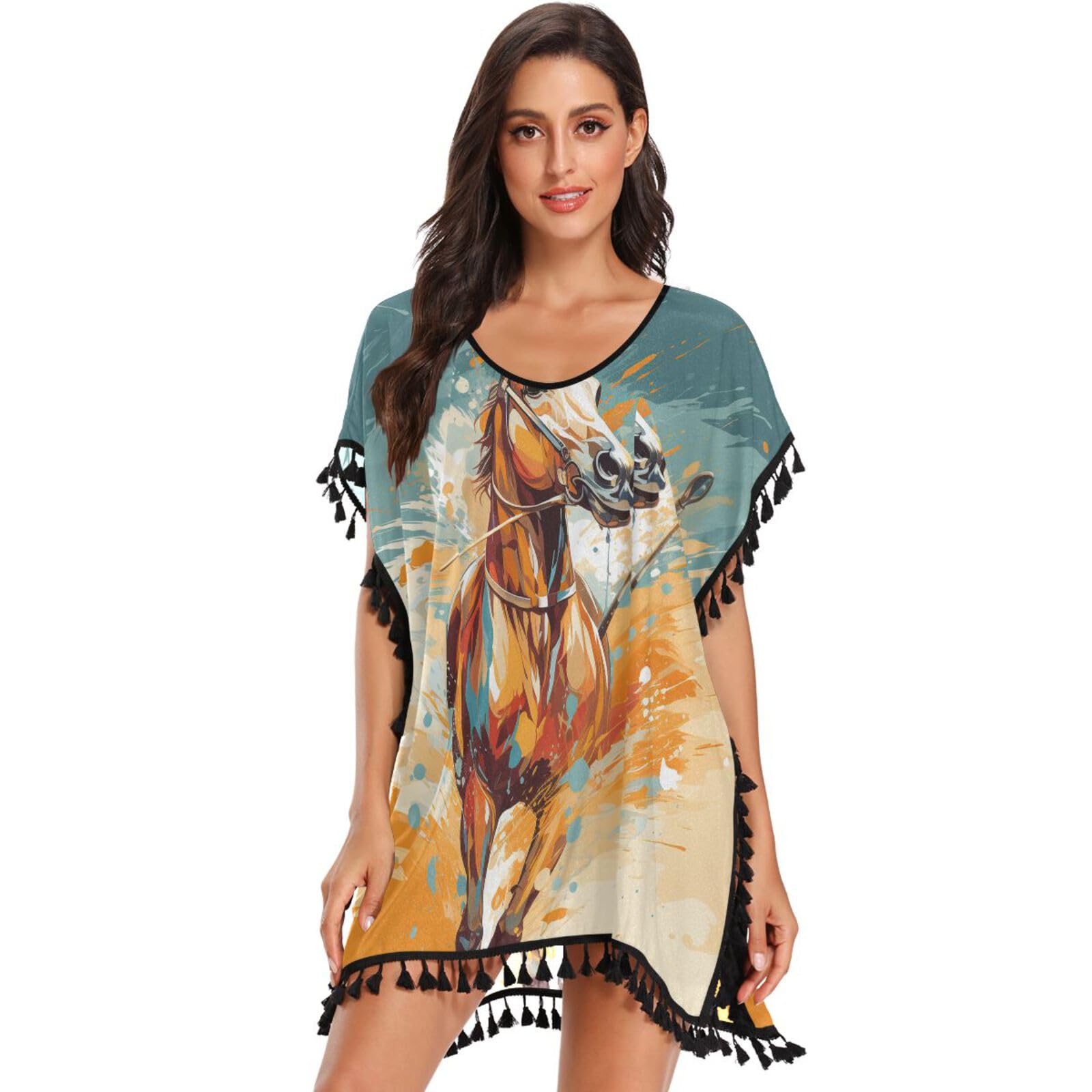 KAAVIYO Watercolor Running Horse Women's Beach Cover Up Chiffon Tassel Swimwear Swimsuit Coverups for Girl