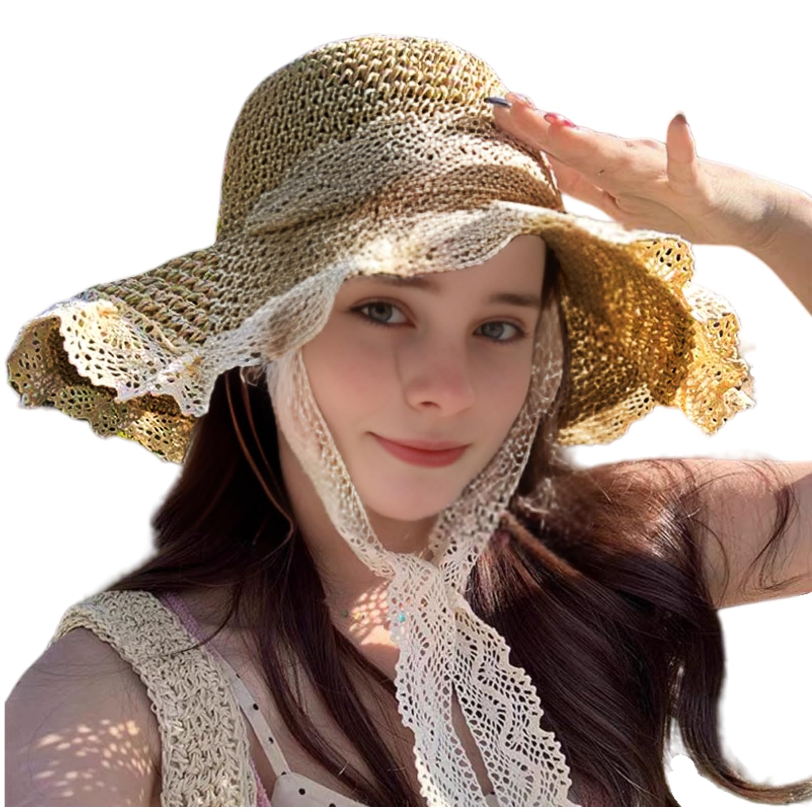 Ladies Wide Brim Beach Straw Hat Summer Vacation Sun Protection Hat Braided Lace Edge Hat Soft Foldable Lightweight