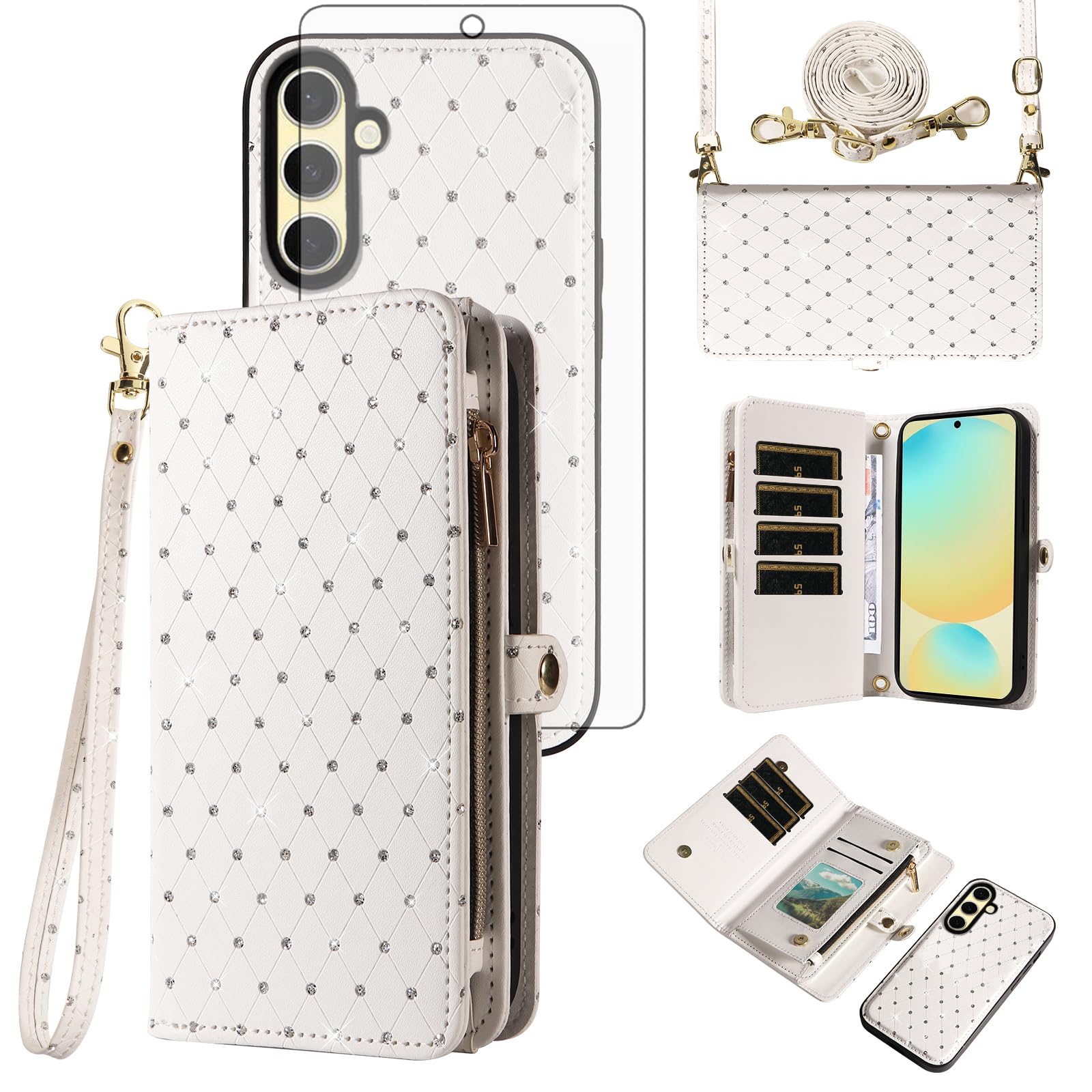 Asuwish Phone Case for Samsung Galaxy S24 FE 5G Zipper Wallet Detachable Cell Cover with Tempered Glass Screen Protector Crossbody Strap Glitter Flip