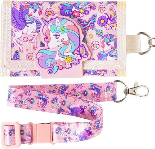 Cartera infantil para niñas, temática de unicornio, de 5 a 12 años, triple pliegue, cierre de cremallera, 8 secciones, material de poliéster