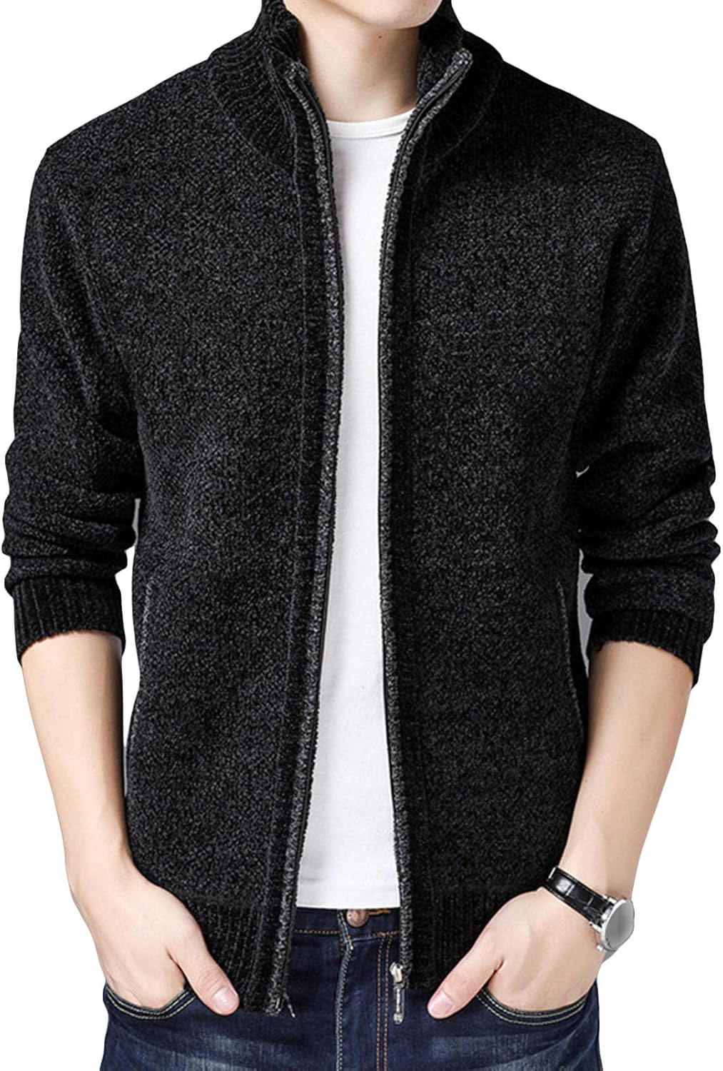 Mens Stand Collar Cardigan Sweaters Slim Fit Full Zip Up Cable Knit Sweater Casual Knitted Cardigans With Pockets