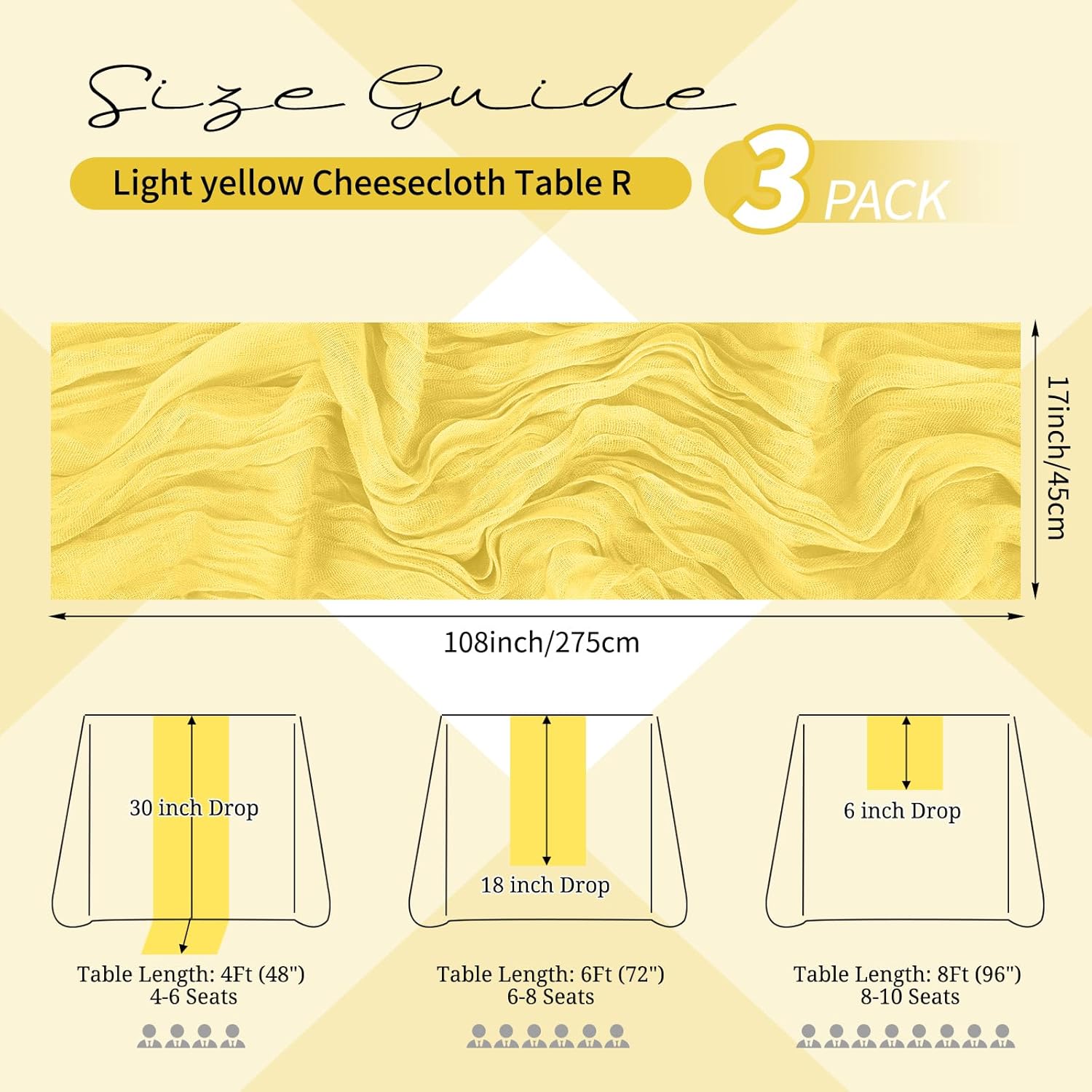 3 Pack Light Yellow Table Runner 17x108 Inch Cheesecloth Table Runner Boho Gauze Table Runners Romantic Rustic Fabric Cheese Cloth Table Runners for Wedding Party Baby Shower Birthday Home Decor