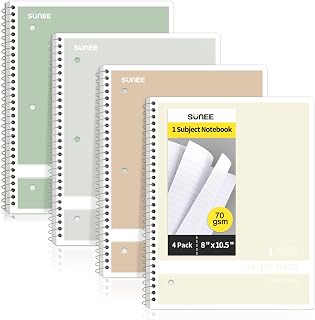 SUNEE Spiral Notebooks College Ruled, 1-Subject, 4 Pack, 8 x 10-1/2 inch, 70 Sheets per Notebook, 3-Hole Punched Paper, Green, Grey, Beige, Red for Work, Home & School, Writing Journal