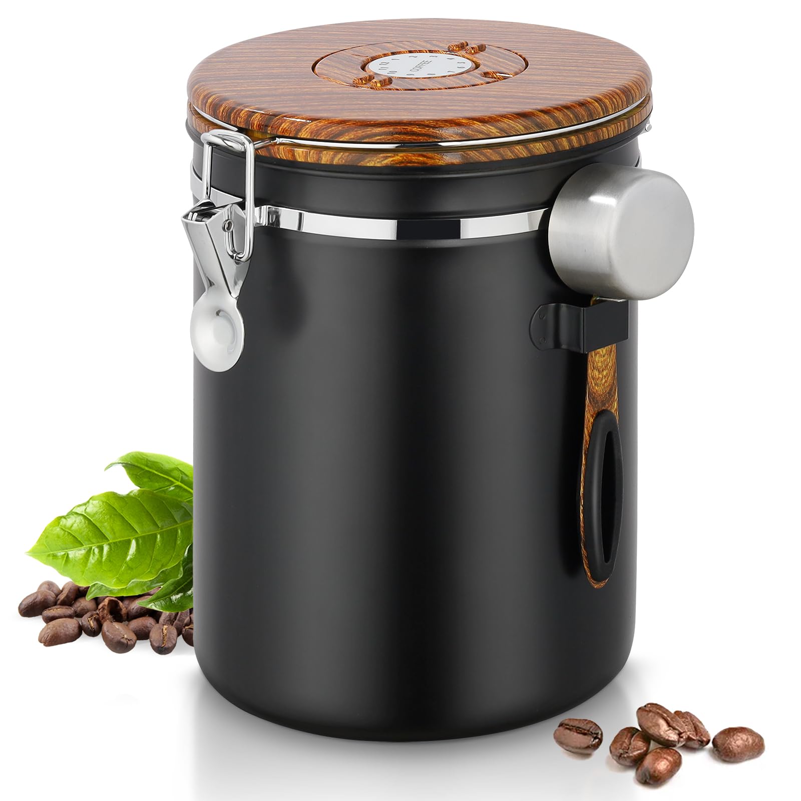 Kaffeedose Luftdicht 1kg Bohnen, 2,8 L Kaffeebohnenbehälter aus Edelstahl mit Deckel aus Holzmaserung, Vakuum Kaffeedose mit CO2-Ventil, Messlöffel & Datumsanzeige, Aufbewahrungsdose für Nüsse Kakao