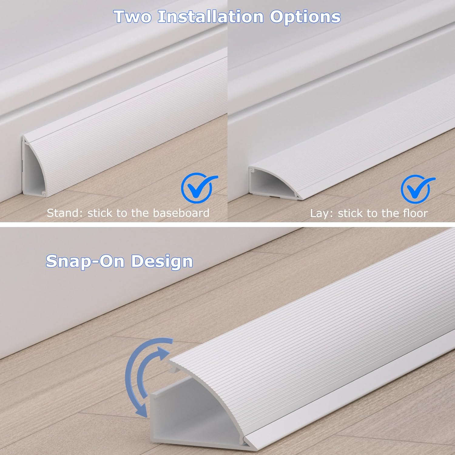 ZhiYo 10ft Floor Cord Cover for Corner, Large Cord Hider for 3-5 Cords, Self-adhesives PVC Wire Cover for Baseboard/Floor/Wall Cable Management, White Cable Raceway, 0.8in x 1.8in, 3 x L3.3ft