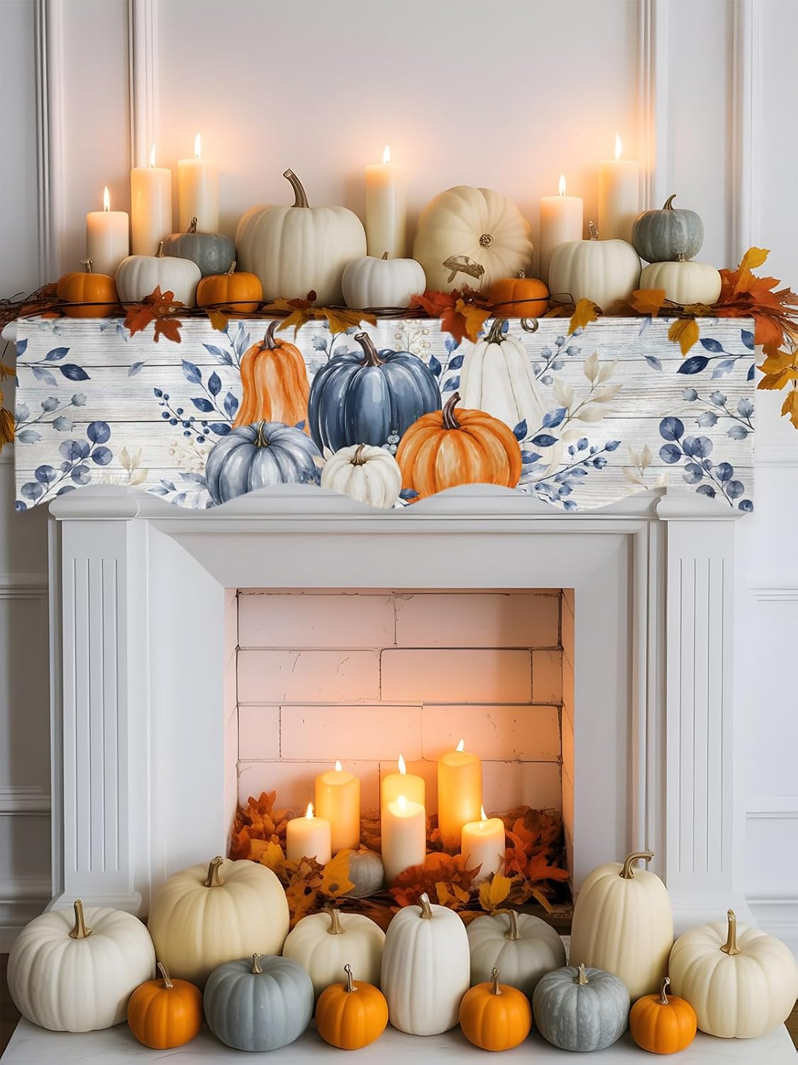 Happy Thanksgiving Mantel Scarf for Fireplace 70 x 17 inches Fall Maple Leaf Pumpkin Wood Grain Fireplace Mantle Scarf Cover Fruit Harvest Fireplace Scarf Top Runner for Autumn Festive Party Supplies
