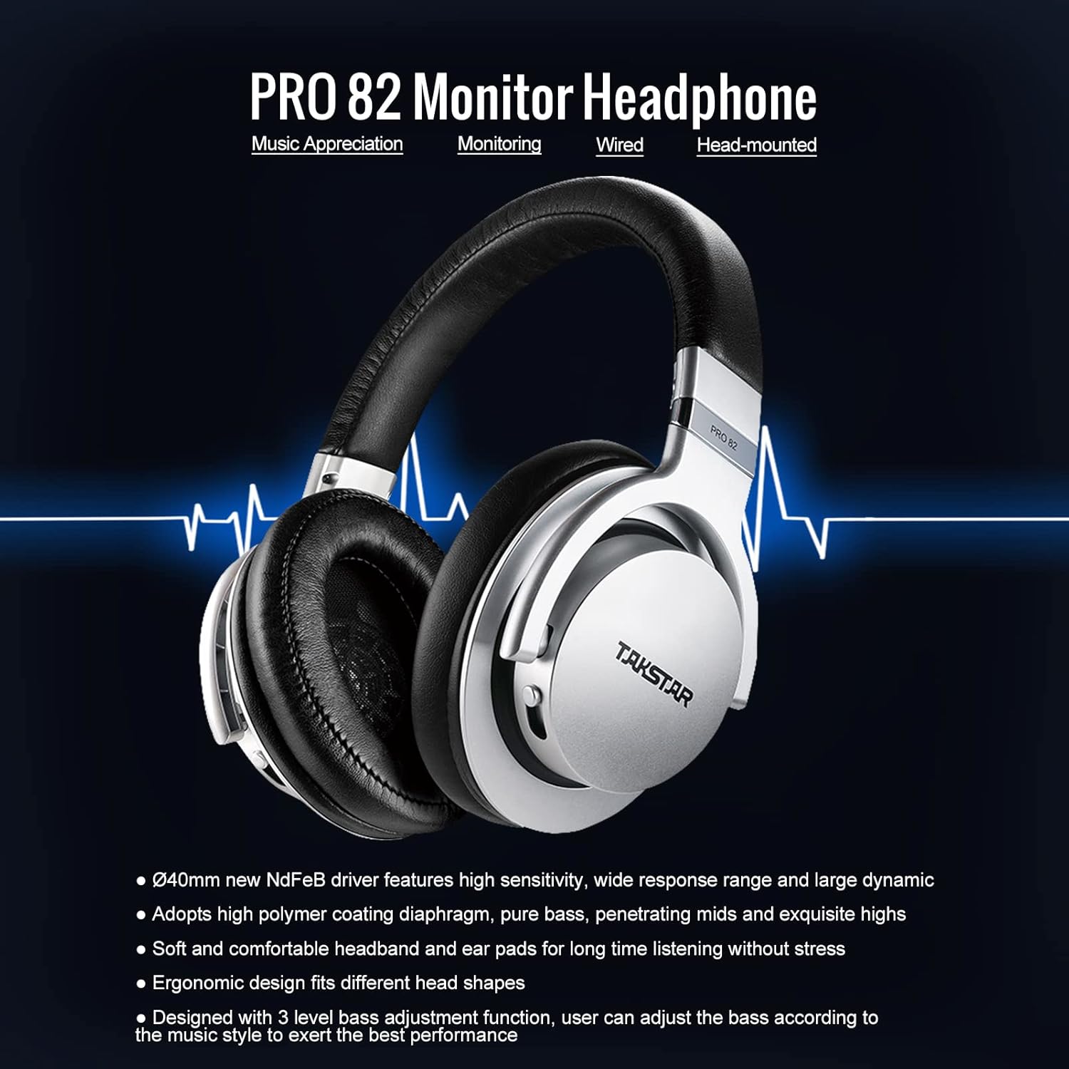 TAKSTAR PRO 82 Monitor Headphone highlighting features like 40mm driver, polymer coating, ergonomic design, and 3-level bass adjustment