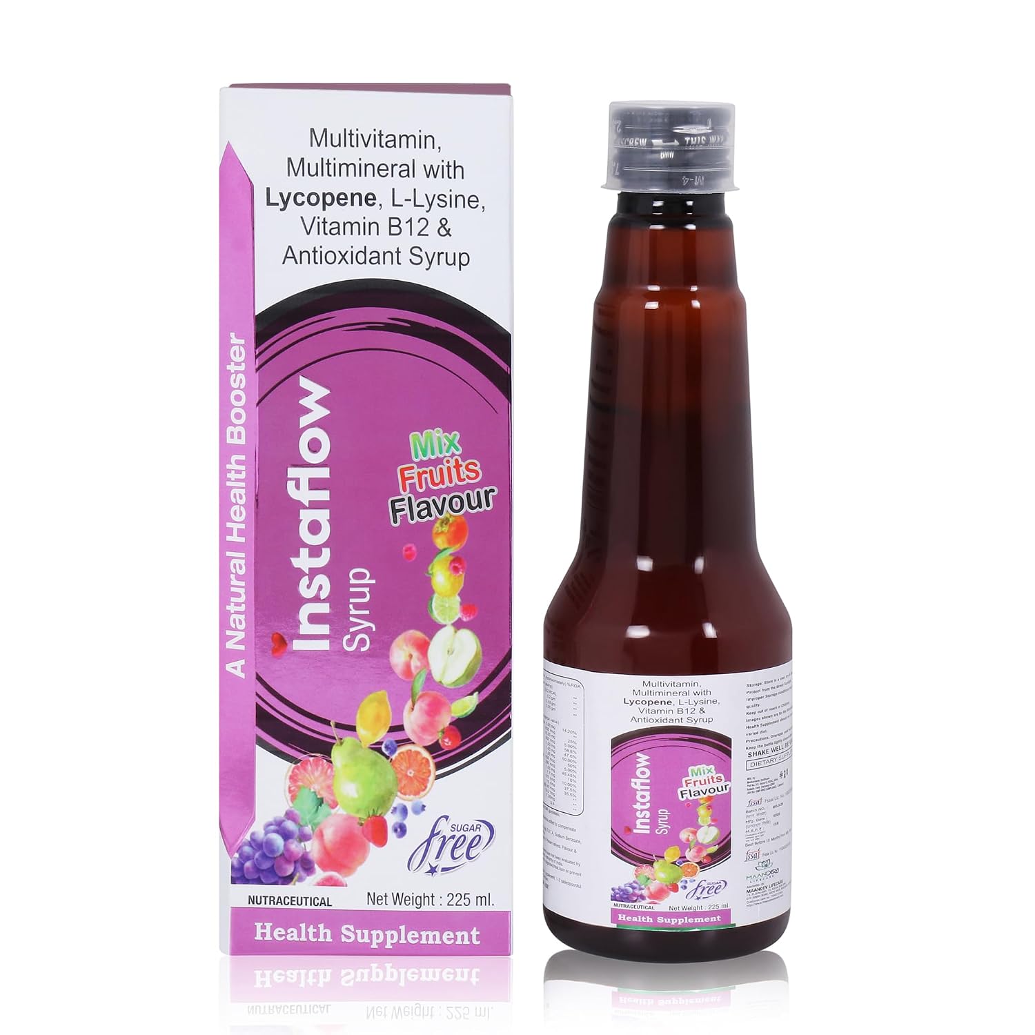 Maandev Lifecare Instaflow Sugar-Free Multivitamin Syrup | With Vitamin B12, Lycopene & L-Lysine | Mixed Fruit Flavour | B...