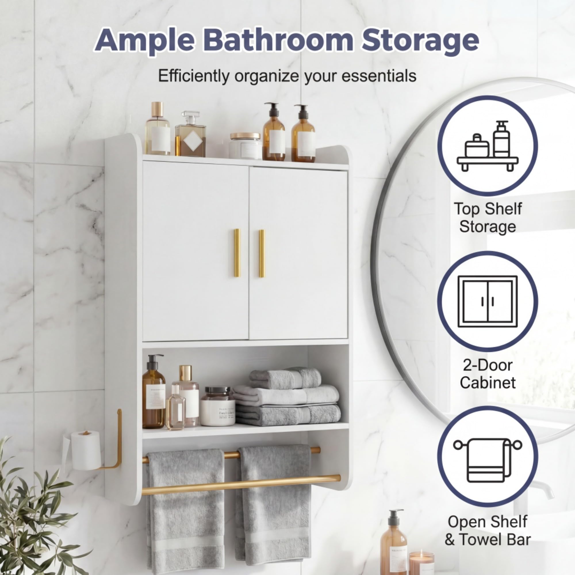 LIFEZEAL Mobile Bagno a Parete, Pensile Bagno Sospeso con Ripiano Regolabile, Scomparto Aperto, 2 Portasciugamani e Gancio Laterale, Mobile Cucina Salvaspazio per Ingresso, 55 x 20 x 80 cm (Bianco)