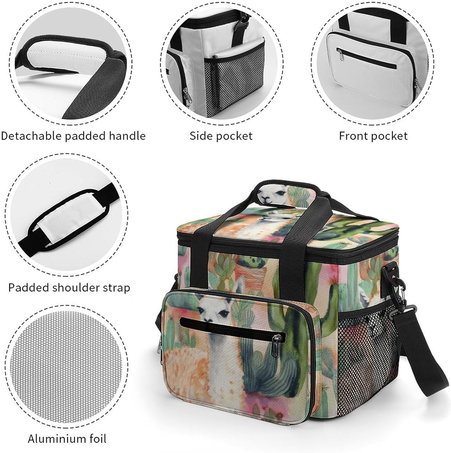 Camping Ice Pack, White Alpaca Watercolor Painting and Cactus Print Cooler Bag, 22.5L Large Capacity Insulated Lunch Tote Bag for Outdoor, Picnic, BBQ, Travel, Work