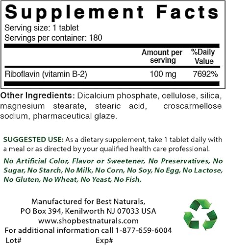 Best Naturals Vitamina B2 (riboflavina) 100 mg y COQ10 100 mg