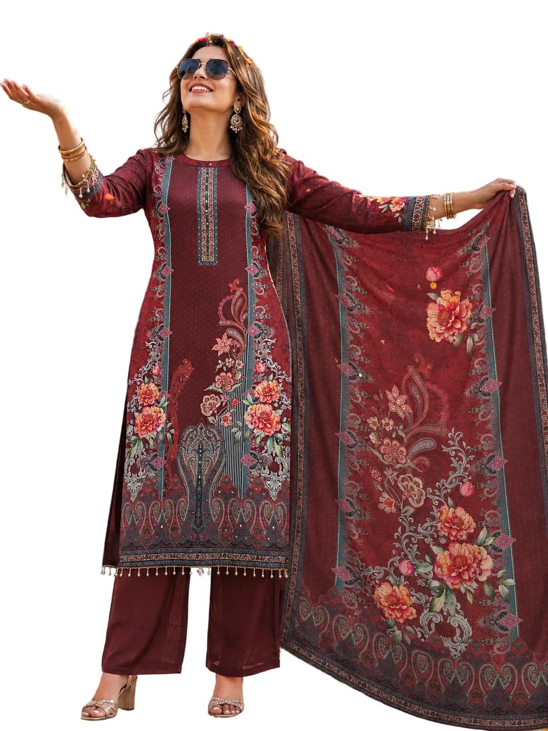 berrylicious Women Purple Silk Printed & Mirror Embellished Kurta with Palazzo & Dupatta-picture-30