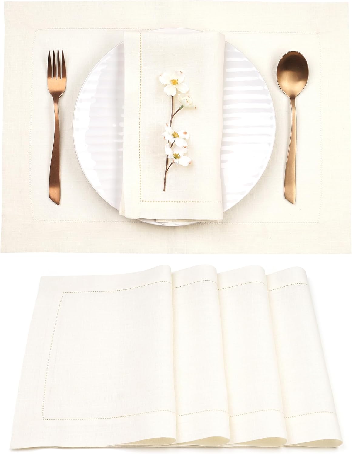 D'Moksha Homes Linen Placemats Set of 4 - Classic Hemstitch Ivory Placemats 14 x 19 Inch - 100% Pure Linen Table Mats for Mothers Day, Spring, Easter - Handcrafted and Machine Washable