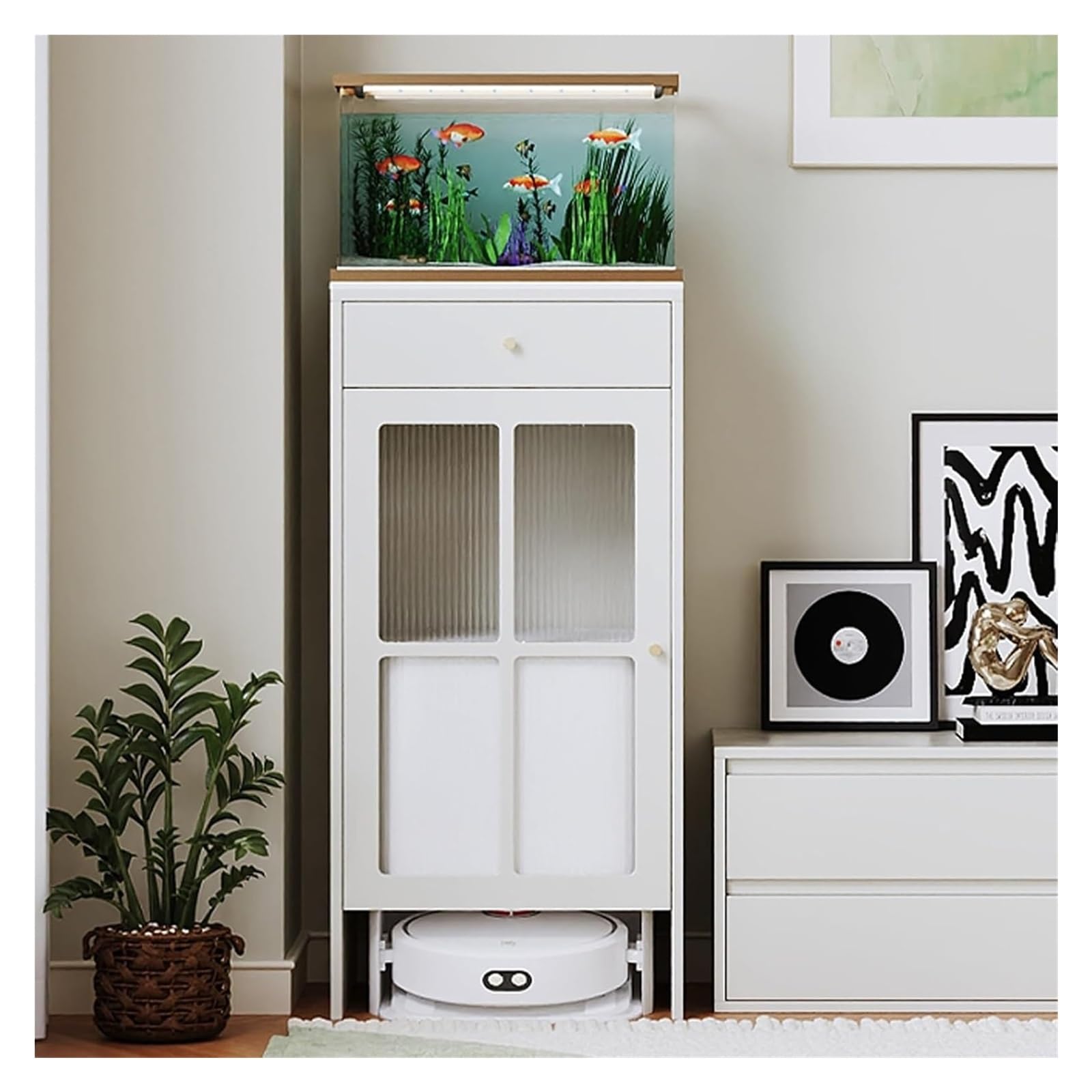 SXZenSpace Robot Vacuum Stand With Hidden Cabinet, Sweeping Storage Rack Doors & Drawer, Multifunctional Side Table For Living Room And Bedroom Home Use(40x45x103.6cm)
