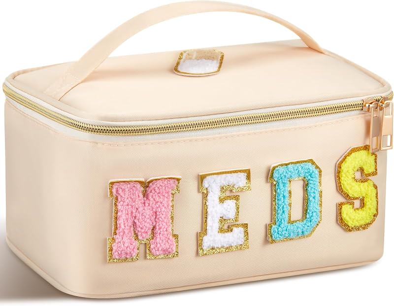 Necessaire de viagem Geetery em nylon com zíper e letras chenille MEDS, bege