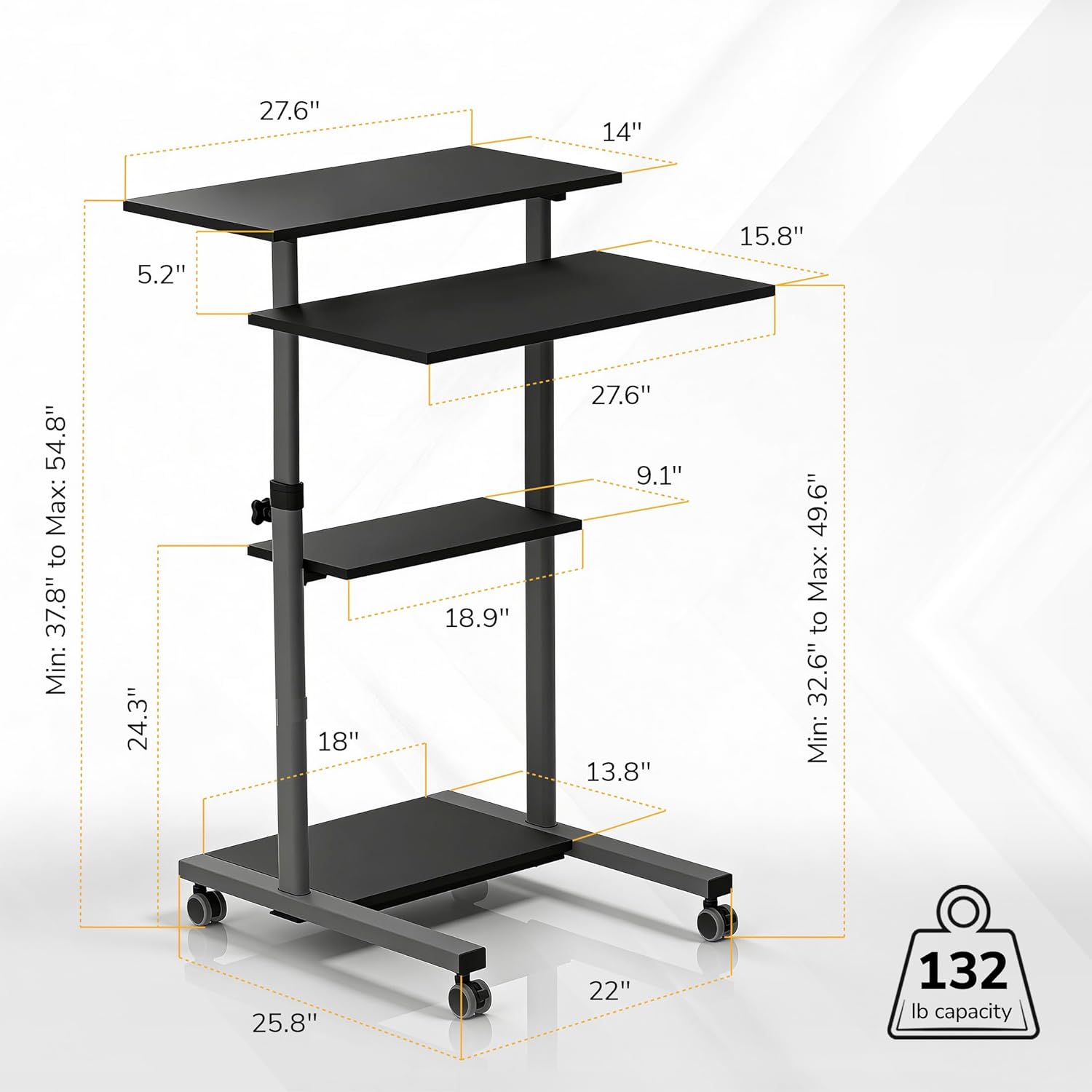 Mount-It! Rolling Desk Adjustable Height up to 54.7", Portable Standing Desk for Laptop or Podium Stand with Wheels, Mobile Roller Presentation Cart, Computer Work Station 27.5" Wide, Locking Wheels