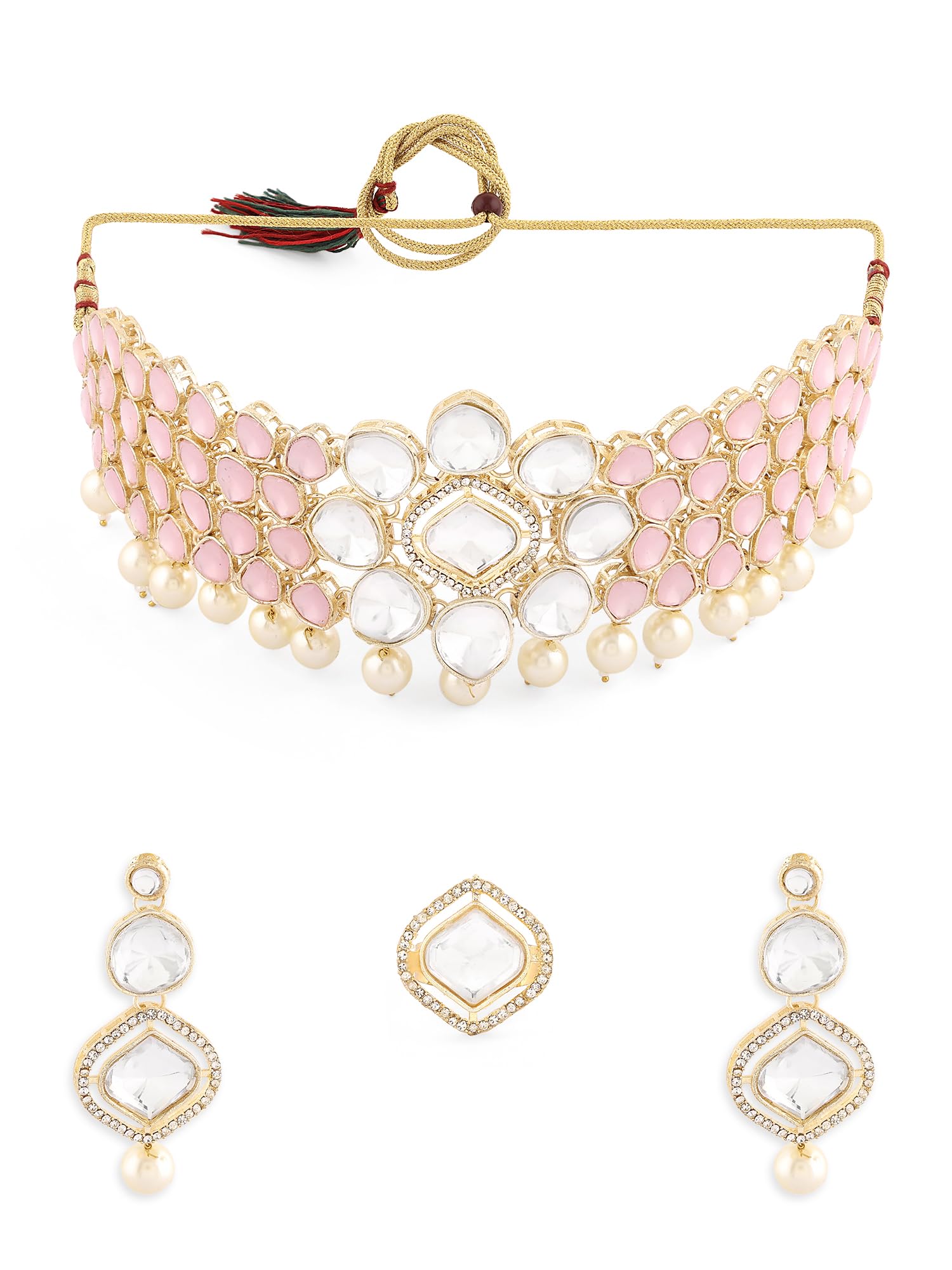 ZAVERI PEARLS Pink Enamel Artificial Stones & Austrian Diamonds Pearl Drops Necklace Earring & Ring Set For Women-ZPFK16941 (B0CN1D24ZY) Amazon Price History, Amazon Price Tracker