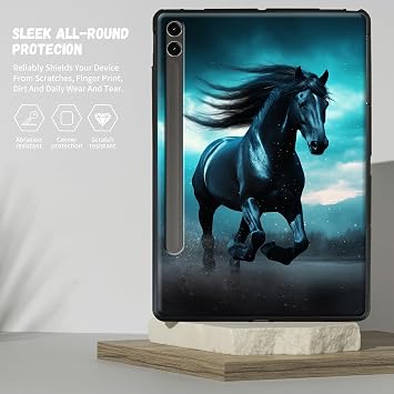 Designed for Samsung Galaxy Tab S8 Plus 2022 / S7 FE 2021 / S7 Plus 2020 12.4 Case, Matte TPU Rubber Back with Black Horse Nature, Slim Rubber Soft Silicone Cover with S Pen Holder