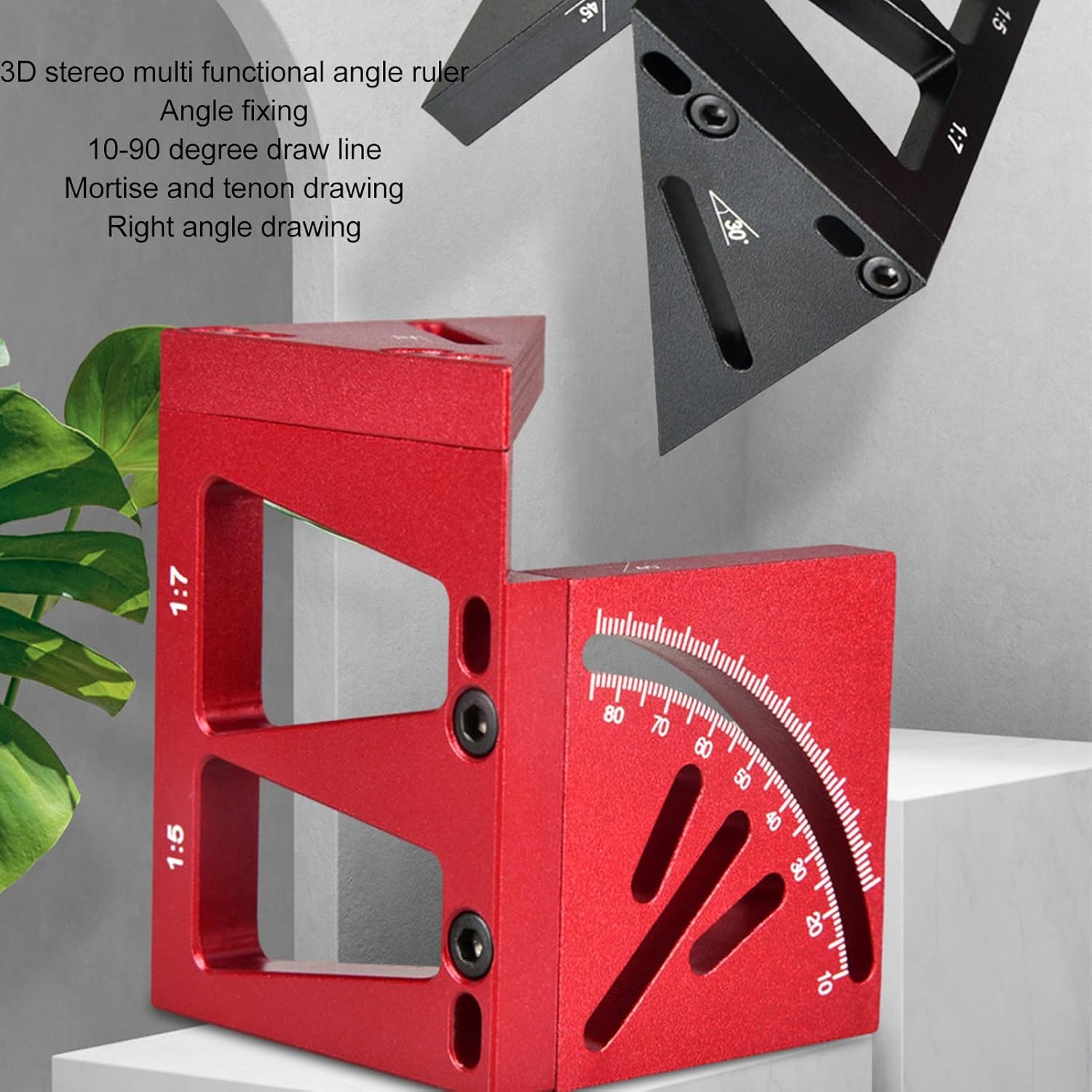 Marhynchus 3D Multi Angle Protractor Woodworking Line Marker Angle Finder Marking Ruler with 30 45 60 Degree Options and Dovetail Templates for Woodworking Carpentry DIY Projects (Red) (Red)