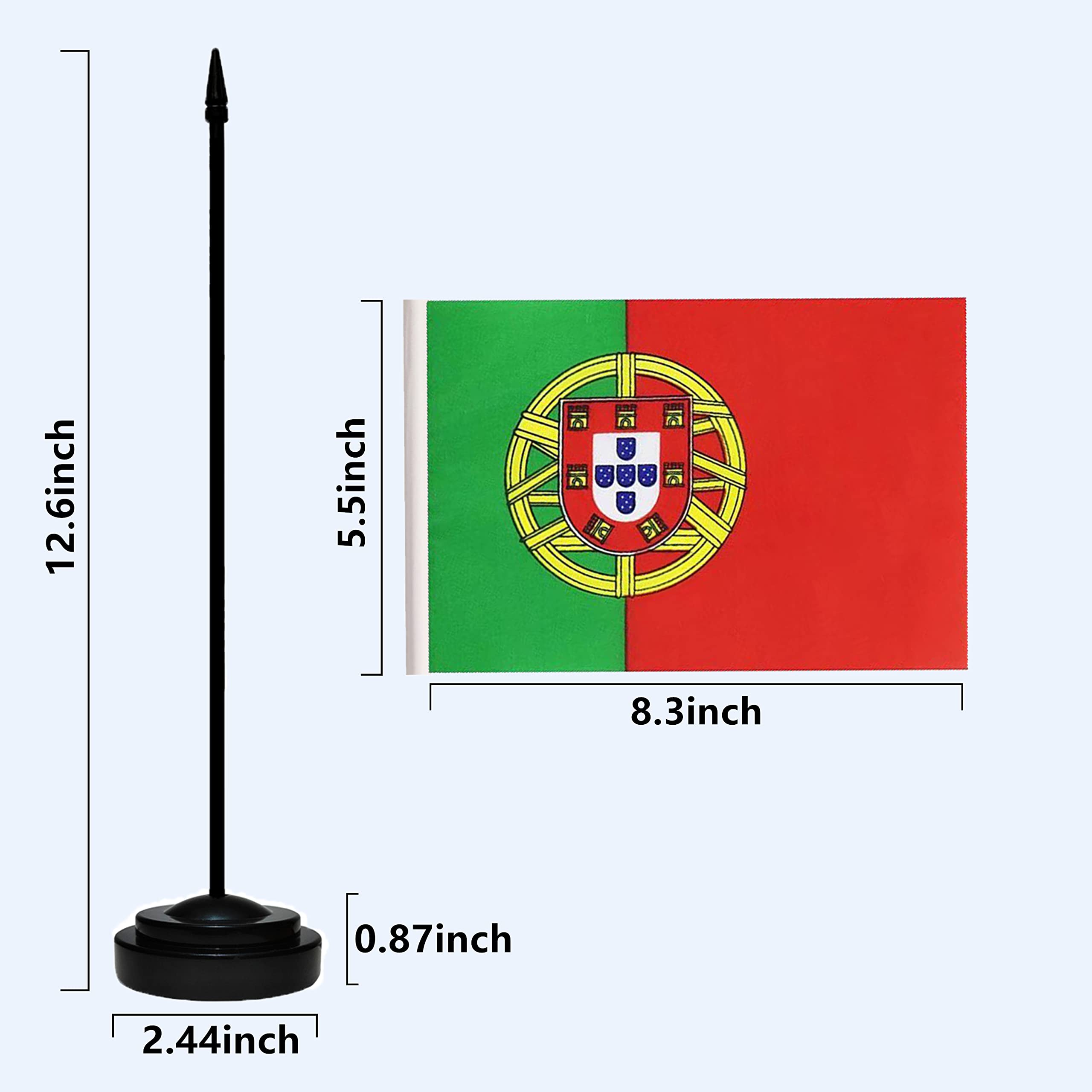 Lot de 2 drapeaux de bureau portugais de luxe avec mât solide, base noire et dessus en lance
