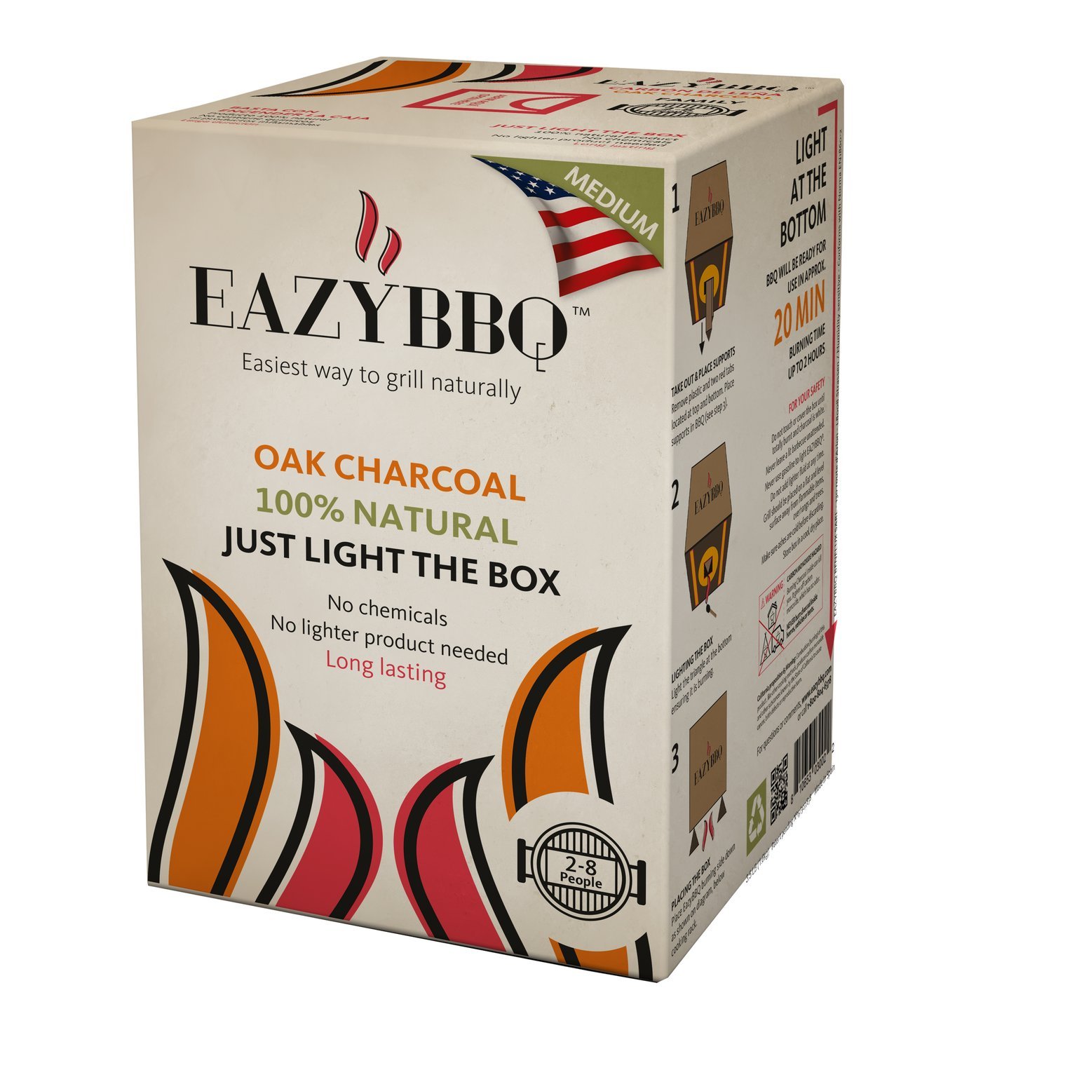 Eazy BBQ Charcoal, 100% Natural Oak for Barbecue Just Light the Box. Clean, Easy to Use, Brand - Medium/Family Size - for 2 to 8 people