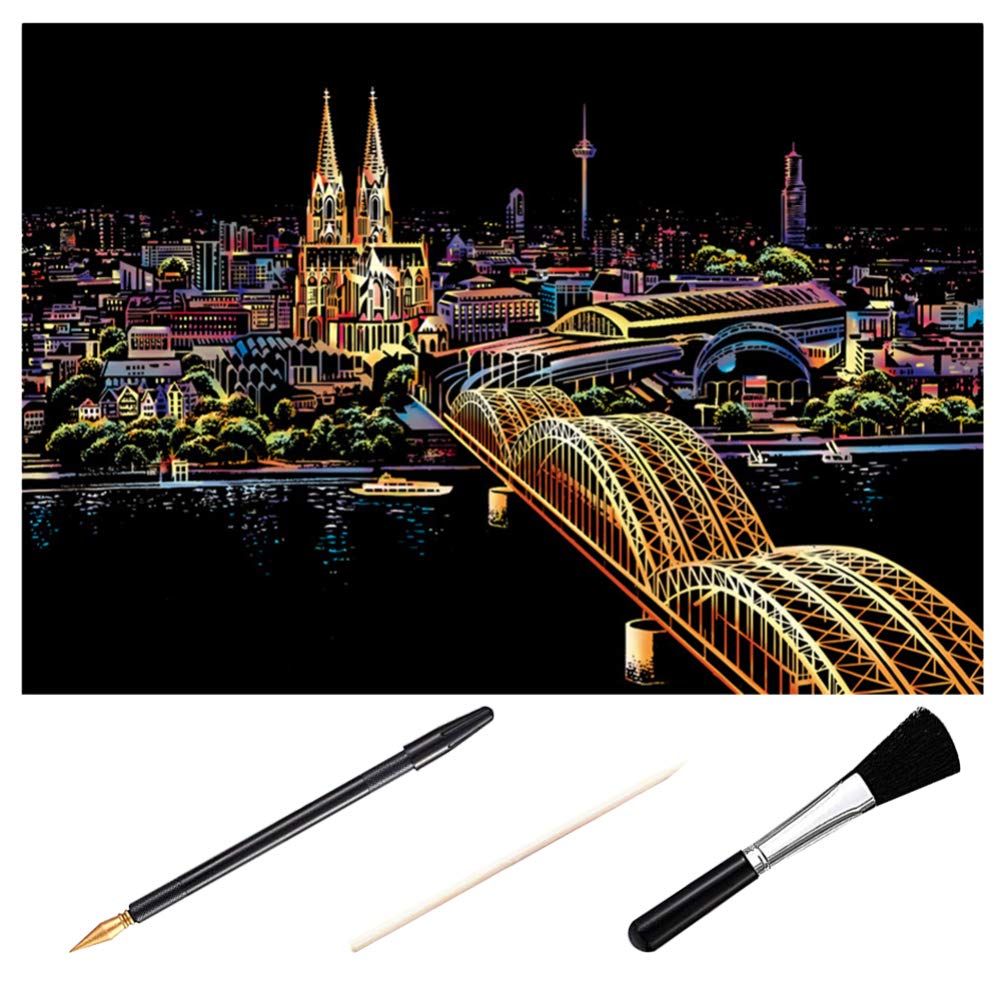 HEALLILY Adulting Gifts 4pcs Sets Night View Scratchboard DIY Scratch Arts Scratch Off Craft Kits Scratchboard Art Materials for Kids Adults Picture Gift-picture-16