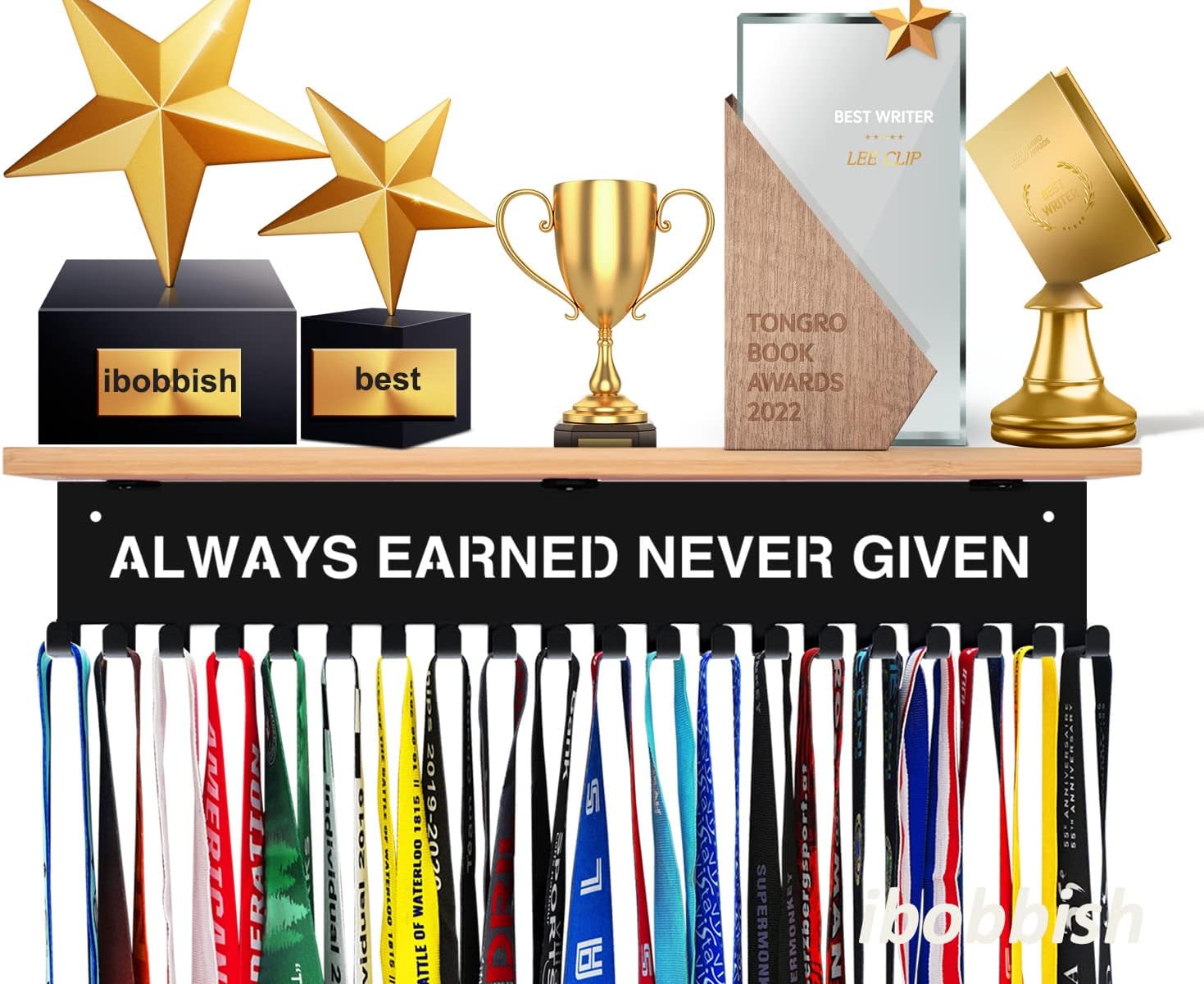Premium Trophy and Medal Display Shelf 16inchL,Metal Trophy Shelf with Hooks Upgraded,Large Bamboo Trophy Board Display,Sturdy Trophy Shelf with Hooks for Medals Metal Wall Mount Medals