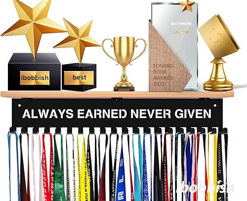 Estante Premium de iBobbish para Trofeos y Medallas de 16 Pulgadas de Largo, Estante de Trofeos de Metal con Ganchos Mejorado, Gran Tablero de Bambú