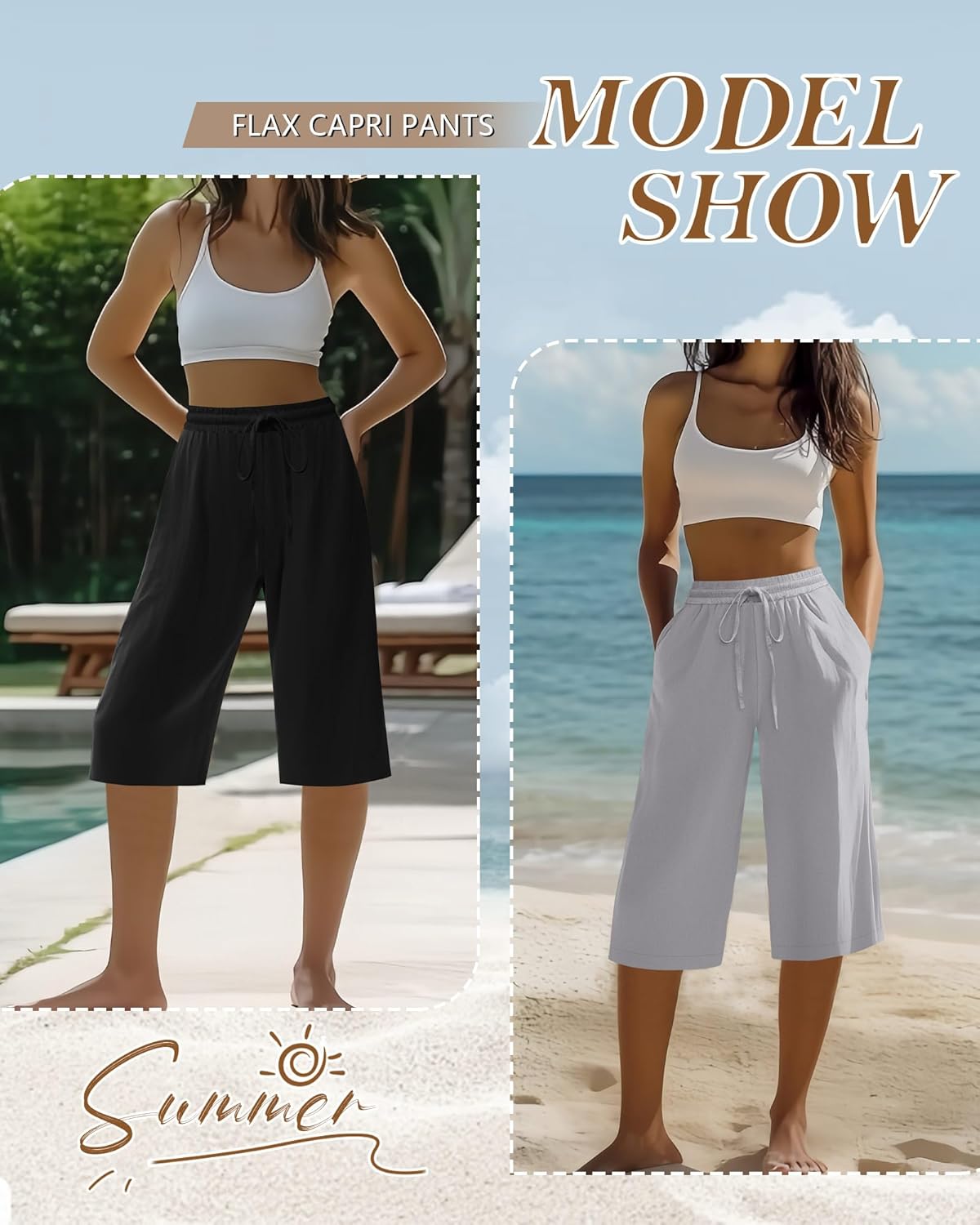 Neer 2 Pack Women's Linen Capris, Summer Drawstring Wide Leg Pants Casual High Waisted Palazzo Trousers with Pockets(Black, Light Grey,X-Large) - Image 7
