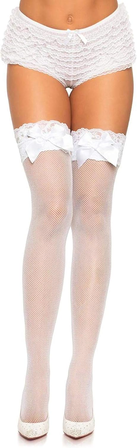 Leg Avenue Women's Lace Top Fishnet Thigh High Stockings With Bows