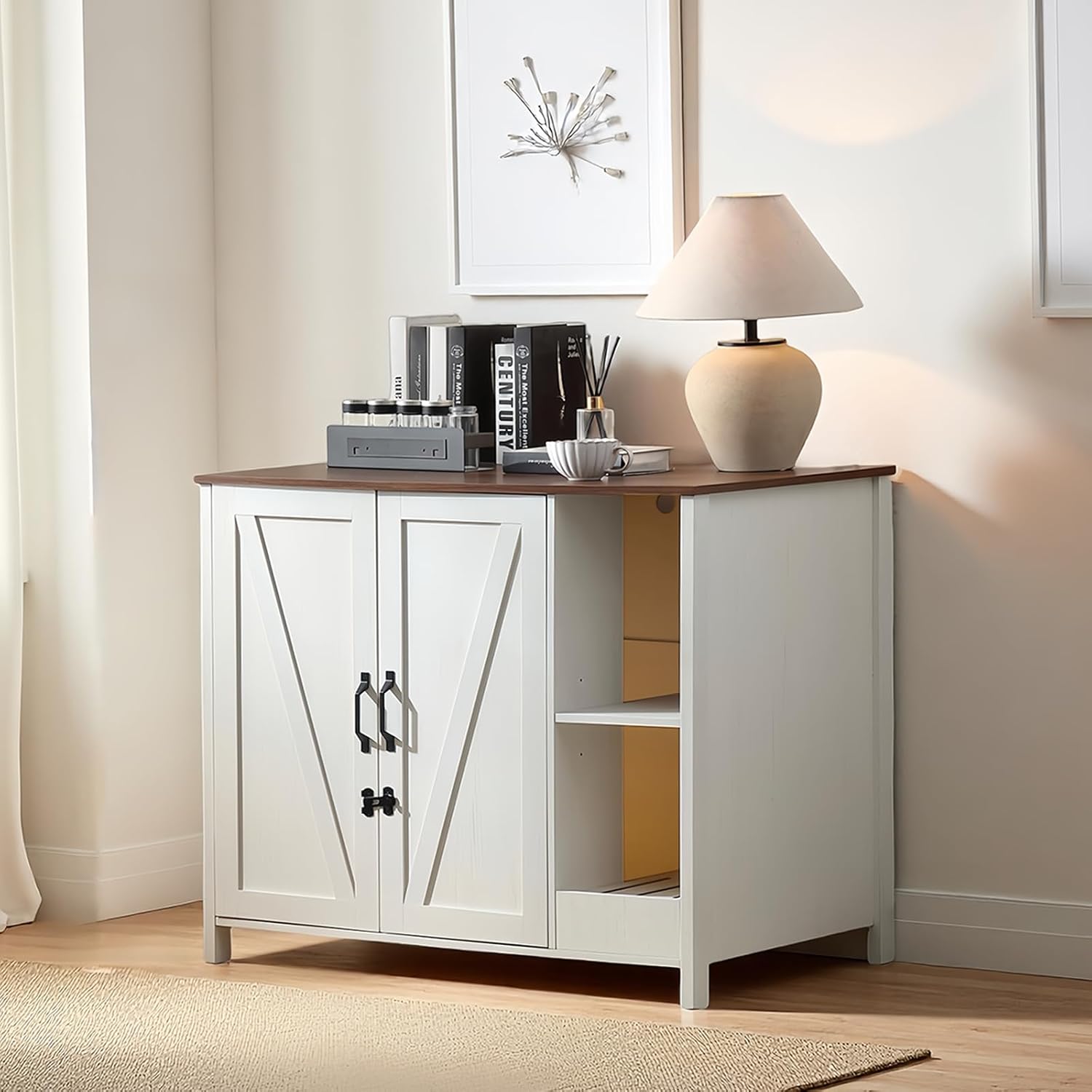 Litter Enclosure with Litter Collector, Litter Cabinet with Dog-Proof Adjustable Shelf, for Placing Cat Robot 3/4, Power Outlet (Antique White)