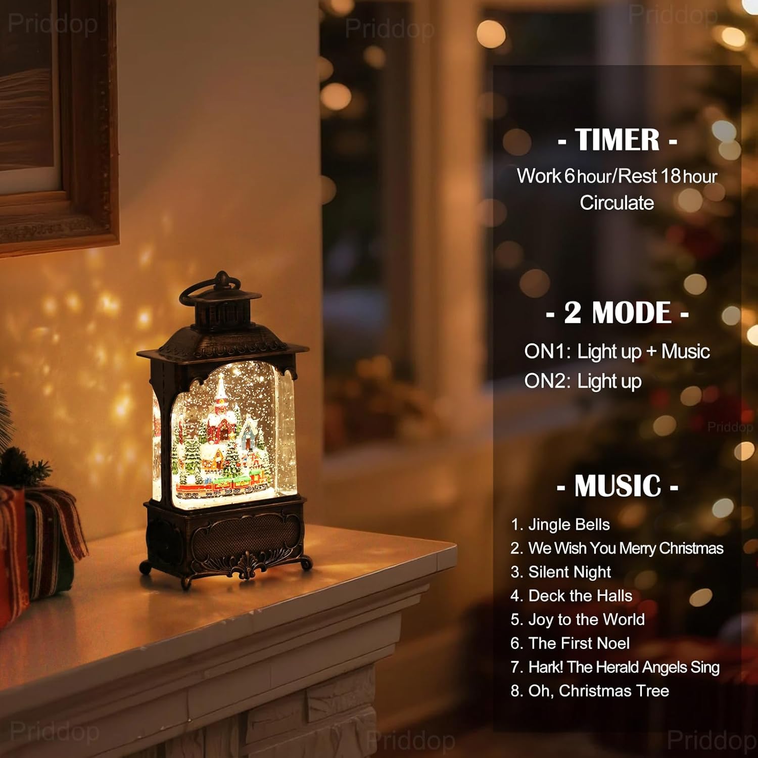 Village Snow Globe Christmas Decorations Gifts Snowman Church Village Scene USB/Battery Timer Music Glitter Snowfall Lantern 10.2 inch - Image 4