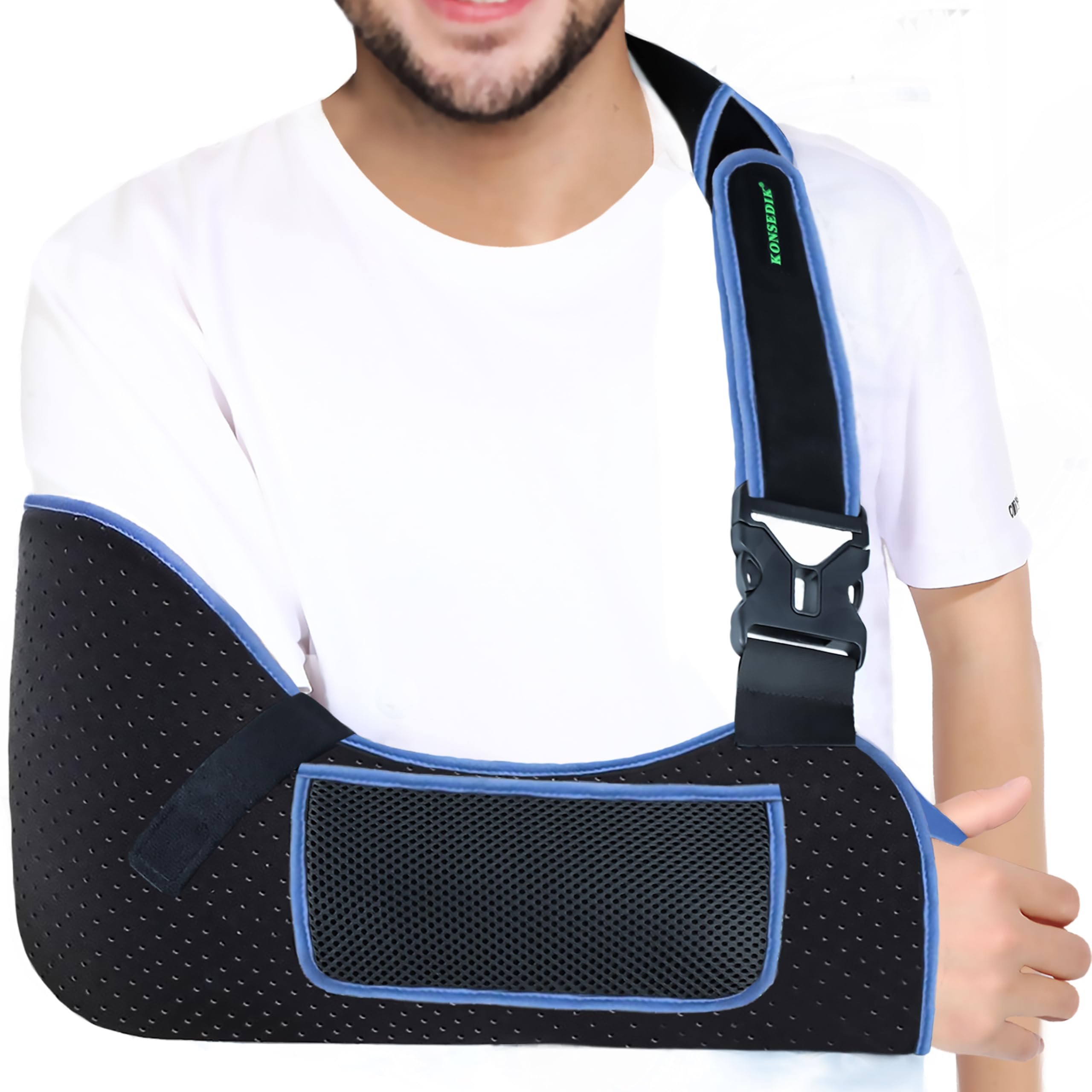 KONSEDIK Soporte de hombro para brazo, transpirable, acolchado con bolsillo y bucle para el pulgar, se adapta al brazo izquierdo y derecho, para puños rotadores, codo, muñeca y lesiones de clavícula